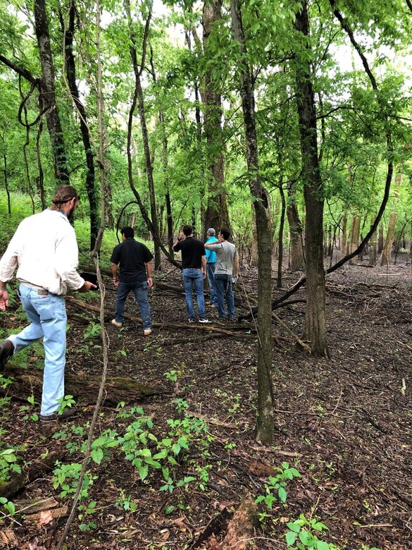 IN THE PHOTO, Biologist Josh Koontz, Cost Engineer Max Gomez-Pedro, Design Engineer Chase Kesner, and Geotechnical Engineer Ben Tatum visit a potential borrow site with Bill Sheppard of Yazoo Mississippi Delta Board.  (This was not the final borrow site.) (USACE Courtesy Photo)