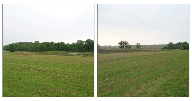 IN BOTH PHOTOS, Pictured is the area of concern, the project area, which is specifically four miles of the Yazoo-Delta Levee System 21 – Segment 26. The $1.8 million job will construct three earthen berms to reduce seepage under the levee when river levels are high. (USACE Courtesy Photos)