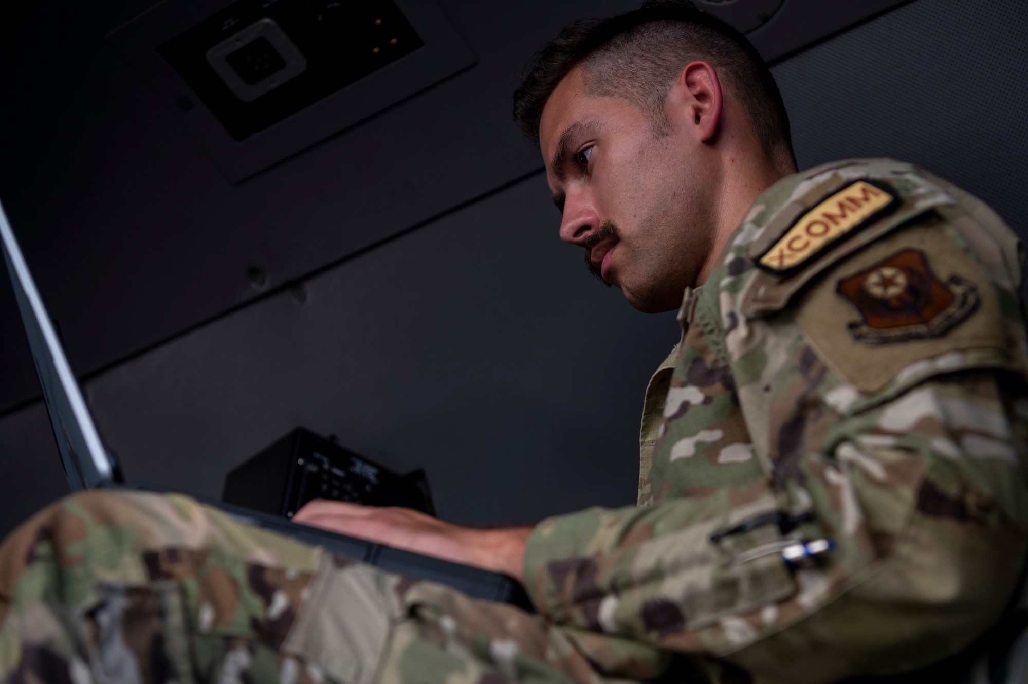 U.S. Air Force Senior Airman Austin Nordstrom, an Airborne Mission Network technician assigned to the 1st Special Operations Communications Squadron, configures and troubleshoots the networking equipment that provides Beyond-Line-Of-Sight, or BLOS, capabilities for an U-28A Draco, Aug. 4, 2022 at Hurlburt Field, Florida. The BLOS system allows sensor operators to remain connected on the battlefield, ensuring we can identify ground forces as well as identify enemy targets in remote/austere locations.