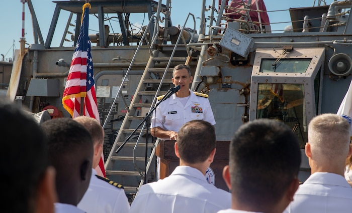 Rear Adm. Carlos Sardiello, commander, Carrier Strike Group One, speaks during a naturalization ceremony aboard Arleigh Burke-class guided missile destroyer USS John Paul Jones (DDG-53) during Seattle Fleet Week, Aug. 5, 2022. Fleet Week Seattle is a time-honored celebration of the sea services and provides an opportunity for the citizens of Washington to meet Sailors, Marines and Coast Guardsmen, as well as witness firsthand the latest capabilities of today's maritime services. (U.S. Navy photo by Mass Communication Specialist 2nd Class Ethan J. Soto)