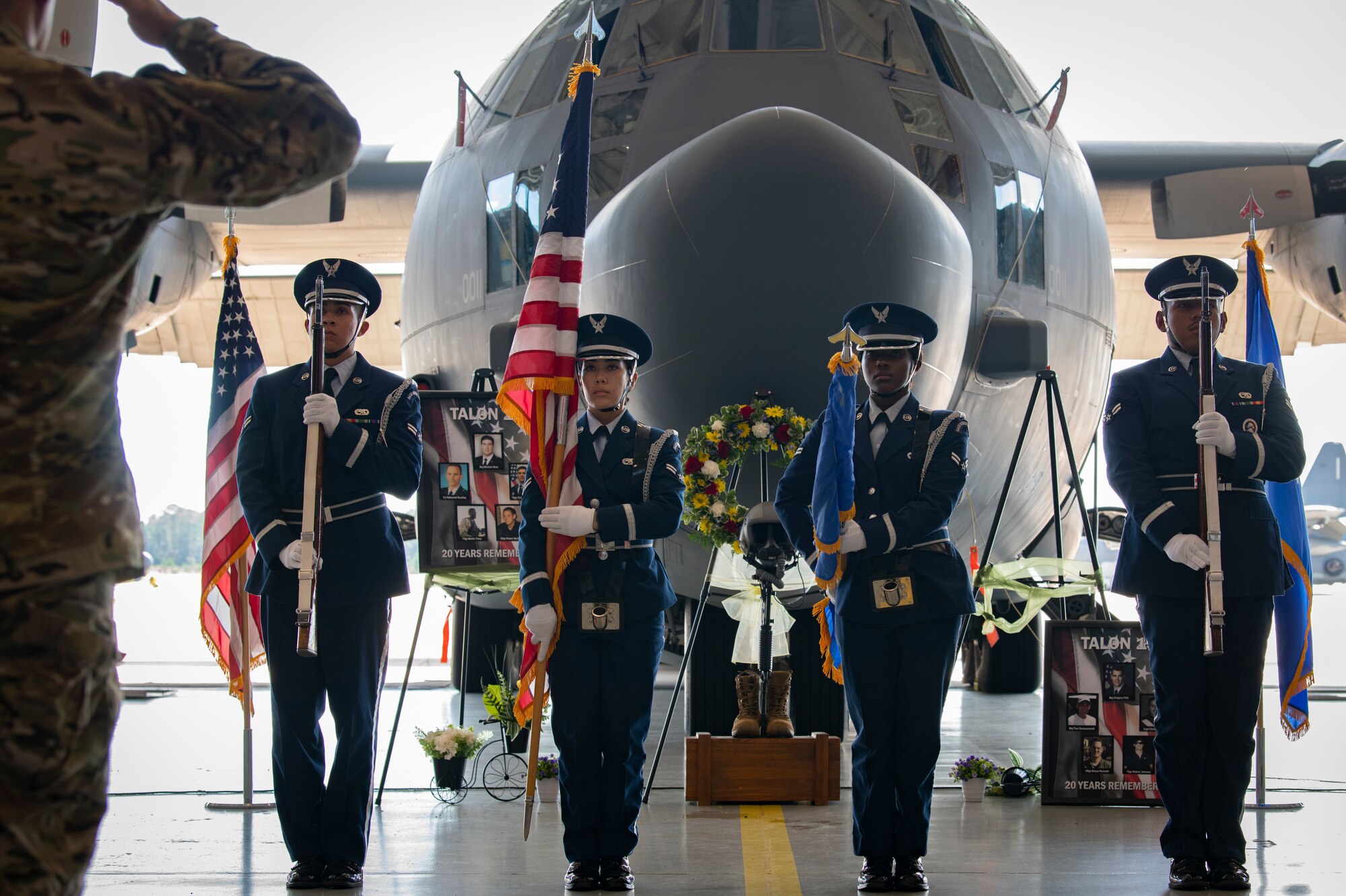 Hurlburt Field Honor Guard ceremonial guardsmen present the colors during a remembrance ceremony Aug. 5, 2022, at Hurlburt Field, Florida.