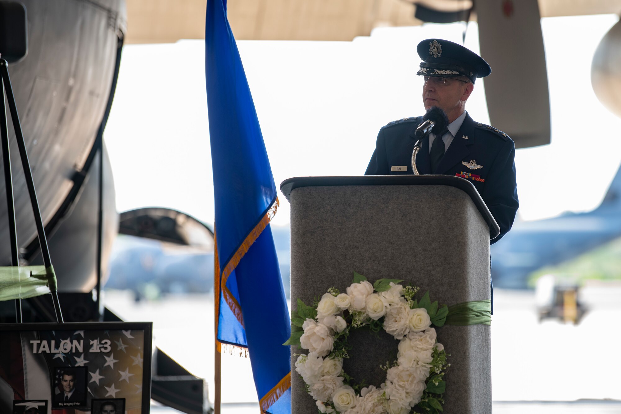 U.S. Air Force Lt. Gen. Jim Slife, Commander of Air Force Special Operations Command, gives a speech during a remembrance ceremony Aug. 5, 2022, at Hurlburt Field, Florida.