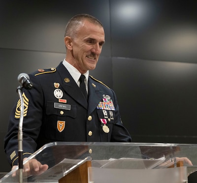 1st Sgt. Ryan Crews gave his farewell speech during his retirement ceremony Aug. 7, at the Illinois Military Academy, Camp Lincoln, Springfield.