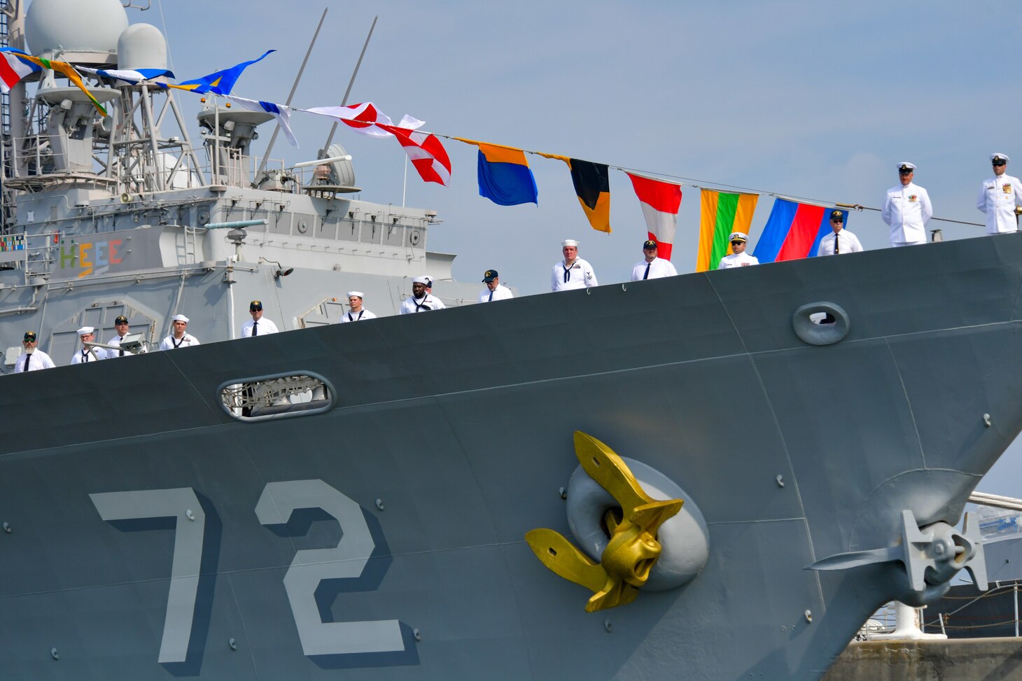 NAVAL STATION NORFOLK (Aug. 4, 2022) Sailors and former shipmates man the rails during the guided-missile cruiser USS Vella Gulf (CG 72) decommissioning ceremony, Aug. 4, 2022. Vella Gulf was commissioned on Sept. 18, 1993 at Naval Station Norfolk. Vella Gulf is the first of five cruisers set to be decommissioned this year. (U.S. Navy photo by Mass Communication Specialist 1st Class Jacob Milham)