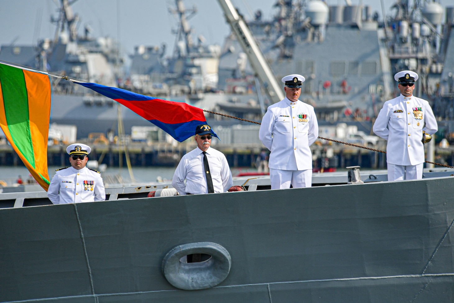 NAVAL STATION NORFOLK (Aug. 4, 2022) Sailors and former shipmates man the rails during the guided-missile cruiser USS Vella Gulf (CG 72) decommissioning ceremony, Aug. 4, 2022. Vella Gulf was commissioned on Sept. 18, 1993 at Naval Station Norfolk. Vella Gulf is the first of five cruisers set to be decommissioned this year. (U.S. Navy photo by Mass Communication Specialist 1st Class Jacob Milham)