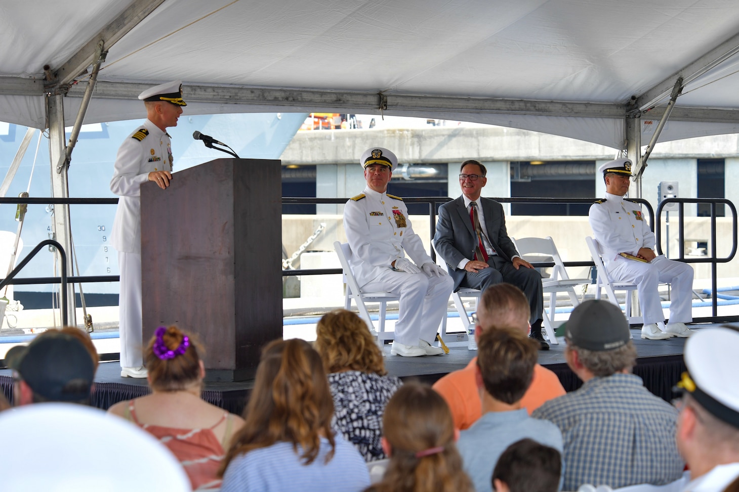 NAVAL STATION NORFOLK (Aug. 4, 2022) Capt. Michael Desmond, commanding officer of the guided-missile cruiser USS Vella Gulf (CG 72), speaks during the ship’s decommissioning ceremony, Aug. 4, 2022. Vella Gulf was commissioned on Sept. 18, 1993 at Naval Station Norfolk. Vella Gulf is the first of five cruisers set to be decommissioned this year. (U.S. Navy photo by Mass Communication Specialist 1st Class Jacob Milham)