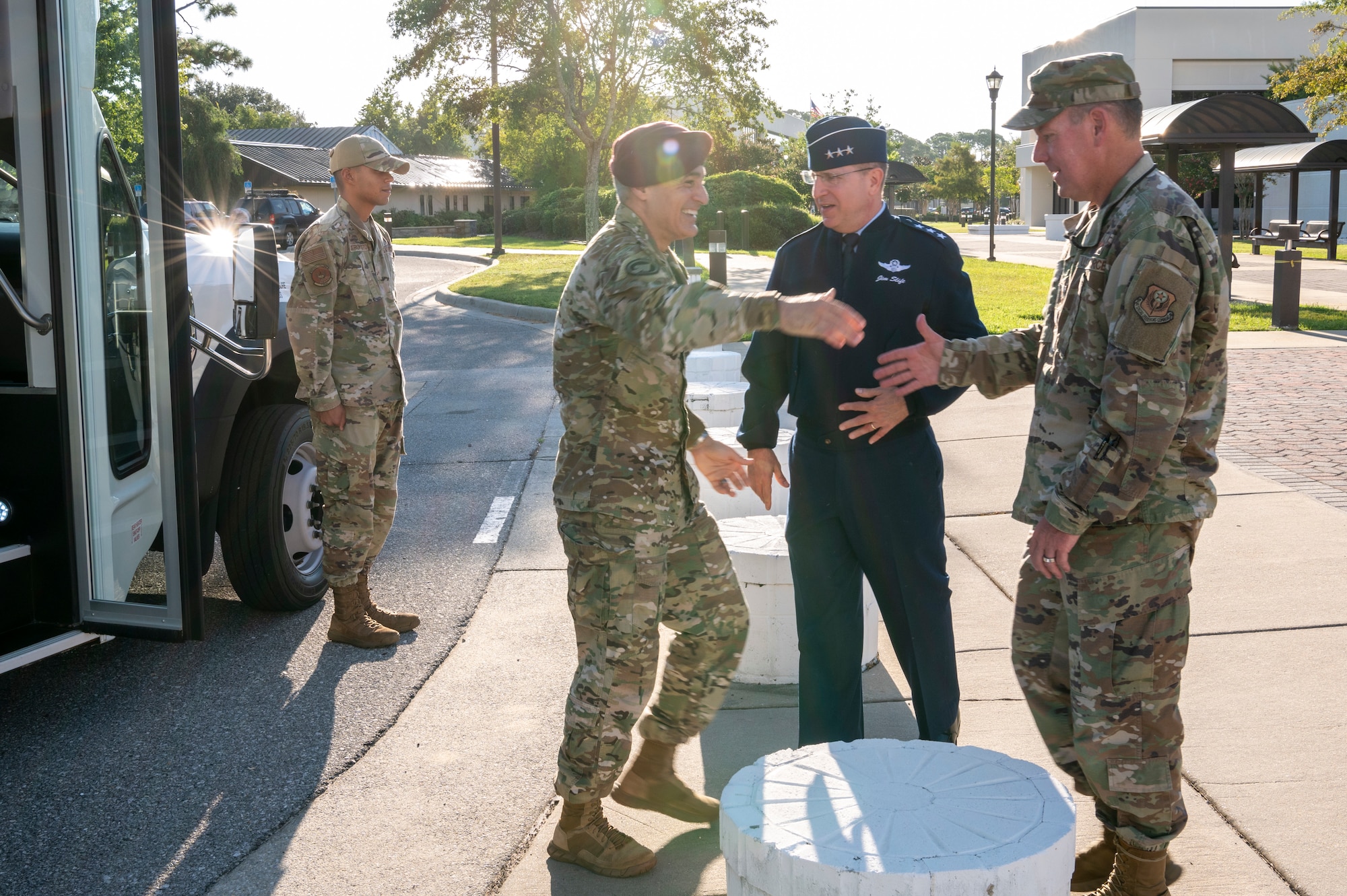 SEAC Ramón Colón-López, Senior Enlisted Advisor to the Chairman of the Joint Chiefs of Staff, is greeted by U.S. Air Force Lt. Gen. Jim Slife, Air Force Special Operations Command commander, and U.S. Air Force Chief Master Sgt. Cory Olson, AFSOC command chief, Aug. 5, 2022 at Hurlburt Field, Florida. During his visit, the SEAC attended the Talon 13 Memorial, visited AFSOC Headquarters and the 24th Special Operations Wing, had lunch with Airmen, and hosted an All-Call. The SEAC serves as the 4th Senior Enlisted Advisor to the Chairman of the Joint Chiefs of Staff, the most senior enlisted service member, by position, in the United States Armed Forces, and the principal military advisor to the Chairman on all matters involving joint and combined total force integration, utilization, health of the force, and joint development for enlisted personnel.