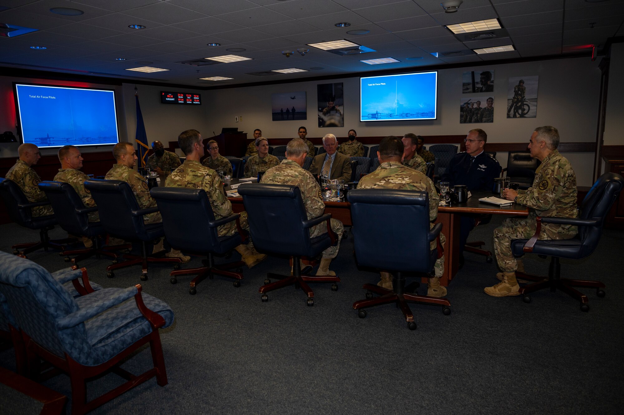 SEAC Ramón Colón-López, Senior Enlisted Advisor to the Chairman of the Joint Chiefs of Staff, receives a briefing from U.S. Air Force Lt. Gen. Jim Slife, Air Force Special Operations Command commander, Aug. 5, 2022 at Hurlburt Field, Florida. During his visit, the SEAC attended the Talon 13 Remembrance Ceremony, visited AFSOC Headquarters and 24th Special Operations Wing, had lunch with Airmen, and hosted an All-Call. The SEAC serves as the 4th Senior Enlisted Advisor to the Chairman of the Joint Chiefs of Staff, the most senior enlisted service member, by position, in the United States Armed Forces, and the principal military advisor to the Chairman on all matters involving joint and combined total force integration, utilization, health of the force, and joint development for enlisted personnel.