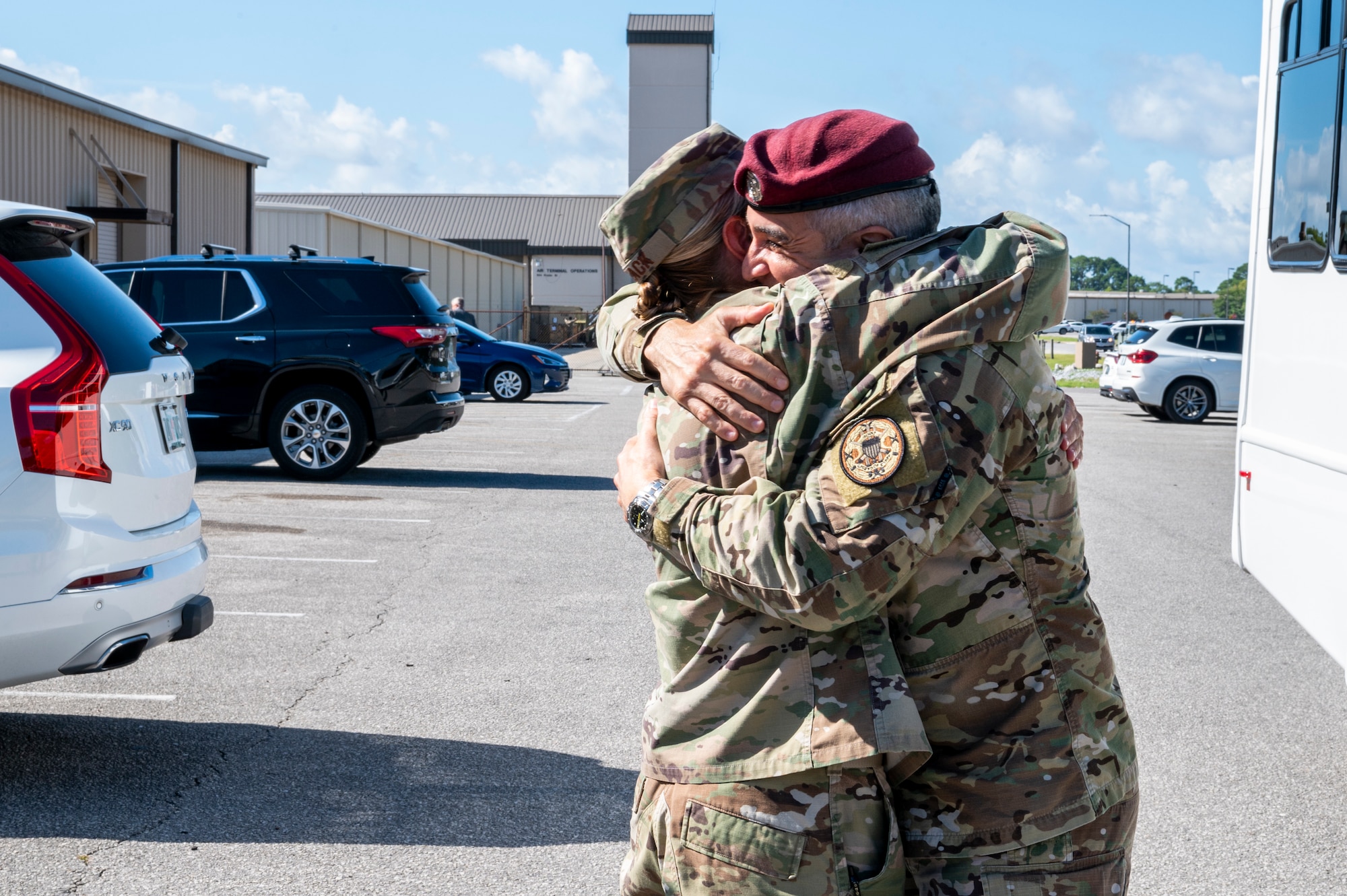 U.S. Air Force Col. Allison Black, 1st Special Operations Wing commander, hugs SEAC Ramón Colón-López, Senior Enlisted Advisor to the Chairman of the Joint Chiefs of Staff, before attending the Talon 13 Remembrance Ceremony Aug. 5, 2022 at Hurlburt Field, Florida. During his visit, the SEAC attended the Talon 13 Remembrance Ceremony, visited AFSOC Headquarters and 24th Special Operations Wing, had lunch with Airmen, and hosted an All-Call. The SEAC serves as the 4th Senior Enlisted Advisor to the Chairman of the Joint Chiefs of Staff, the most senior enlisted service member, by position, in the United States Armed Forces, and the principal military advisor to the Chairman on all matters involving joint and combined total force integration, utilization, health of the force, and joint development for enlisted personnel.