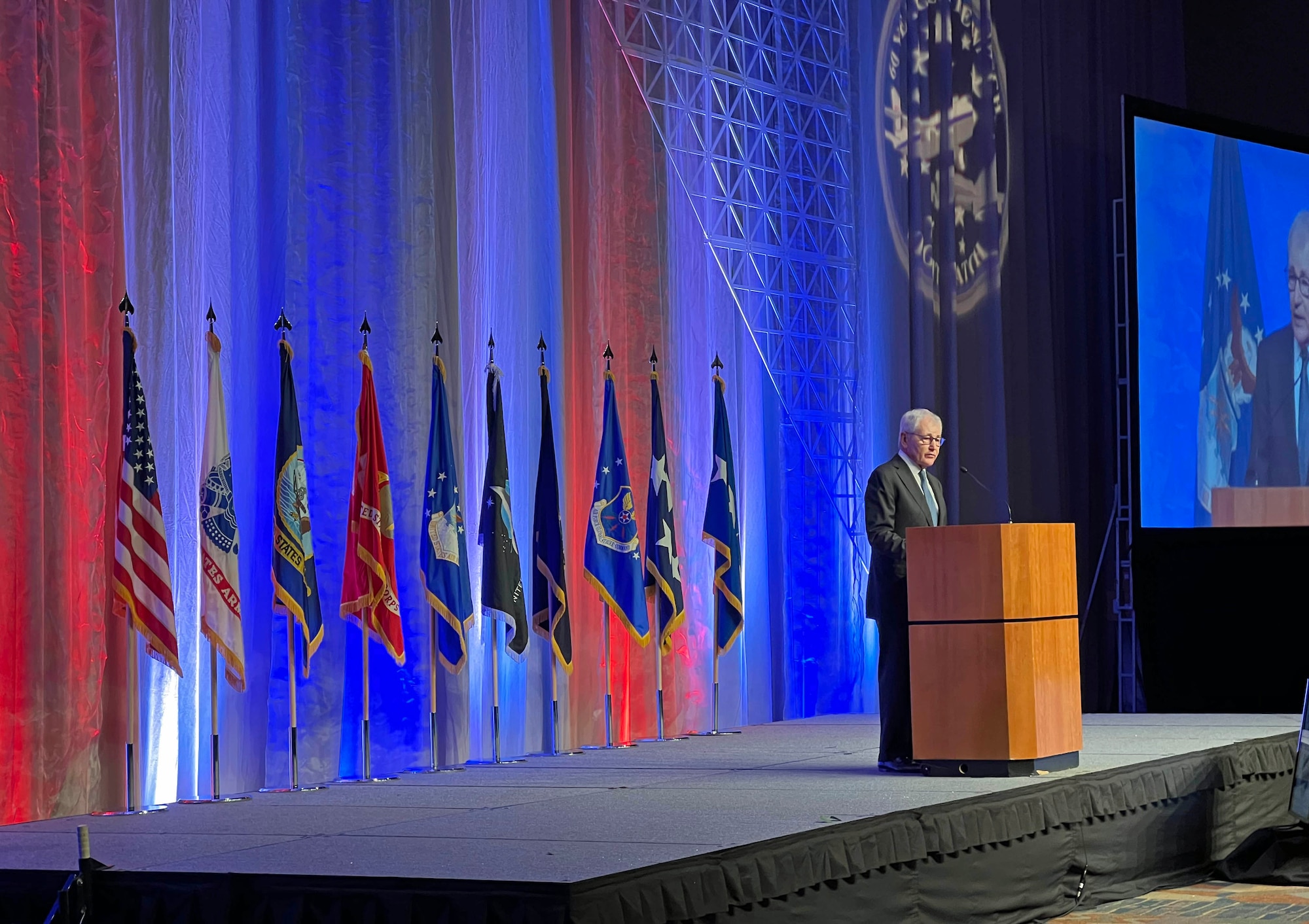 Former SecDef Chuck Hagel speaks to 750-crowd at the NAOC 60th Anniversary Gala in Omaha, Neb., Aug. 6, 2022.