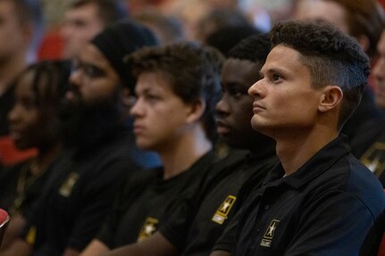 Future Soldiers listen during a Future Soldier Recognition Event at the Indiana War Memorial in Indianapolis Aug. 5, 2022. The event included remarks from influential Army leaders, awards and recognition, and networking opportunities for future Soldiers waiting to ship out to basic combat training. (U.S. Army photo by Mark R. W. Orders-Woempner)