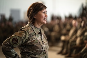 Chief Master Sgt. of the Air Force JoAnne S. Bass speaks to Airmen during an all-call at MacDill Air Force Base, Florida, Aug. 4, 2022.