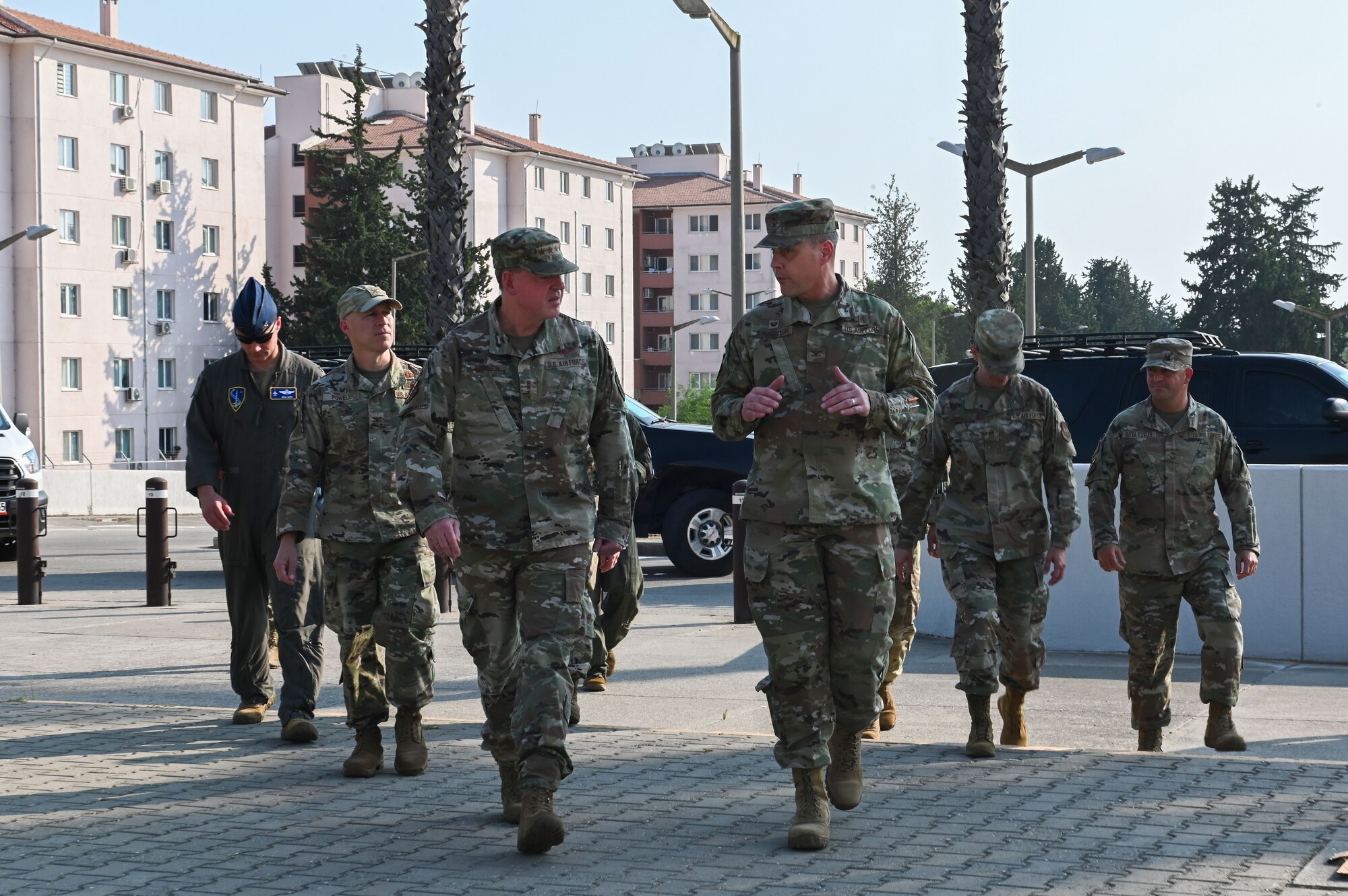Gen. James B. Hecker, center left, U.S. Air Forces in Europe and Air Forces Africa commander, speaks with Col. Scott Carbaugh, center right, 39th Medical Group commander, during his visit to Incirlik Air Base, Turkey, Aug. 4, 2022. Hecker met with several Airmen and received briefings about the wing’s mission and capabilities while speaking with members about how their role supports the mission of USAFE-AFAFRICA. The wing takes deliberate actions to develop Airmen and their families; confronts global challenges in support of the National Defense Strategy to defend our country and our allies; and utilizes dedicated efforts to deliver peace to our nation and its allies by fostering stability and deterring aggression throughout Europe and Africa. (U.S. Air Force photo by Staff Sgt. Matthew Angulo)