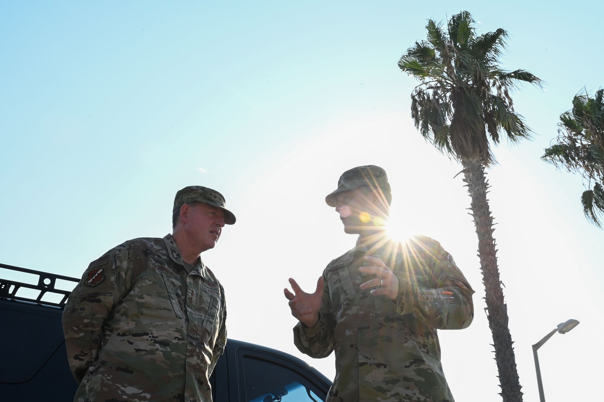 Gen. James B. Hecker, left, U.S. Air Forces in Europe and Air Forces Africa commander, speaks with Col. Scott Carbaugh, 39th Medical Group commander, during his visit to Incirlik Air Base, Turkey, Aug. 4, 2022. Hecker met with several Airmen and received briefings about the wing’s mission and capabilities while speaking with members about how their role supports the mission of USAFE-AFAFRICA. The wing takes deliberate actions to develop Airmen and their families; confronts global challenges in support of the National Defense Strategy to defend our country and our allies; and utilizes dedicated efforts to deliver peace to our nation and its allies by fostering stability and deterring aggression throughout Europe and Africa. (U.S. Air Force photo by Staff Sgt. Matthew Angulo)