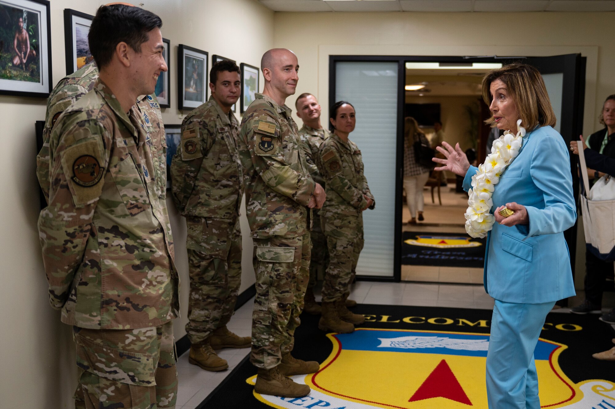 Speaker of the U.S. House of Representatives Nancy Pelosi speaks with members of Team Andersen during a visit at Andersen Air Force Base, Guam, July 31, 2022. Pelosi had the opportunity to recognize outstanding performers during her visit. (U.S. Air Force photo by Staff Sgt. Suzie Plotnikov)