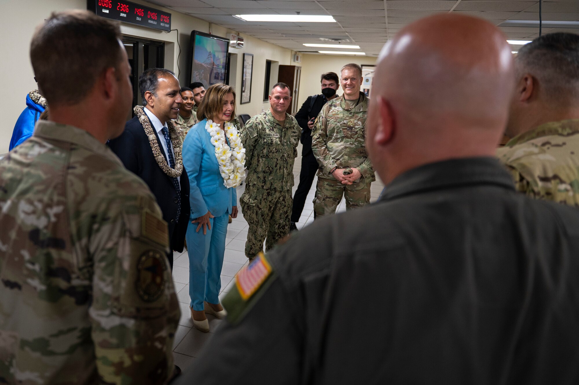 Representative Raja Krishnamoorthi and Speaker of the U.S. House of Representatives Nancy Pelosi, speak with members of Team Andersen during a visit at Andersen Air Force Base, Guam, July 31, 2022. Pelosi’s visit focused on bilateral relationships, security cooperation and climate change. (U.S. Air Force photo by Staff Sgt. Suzie Plotnikov)