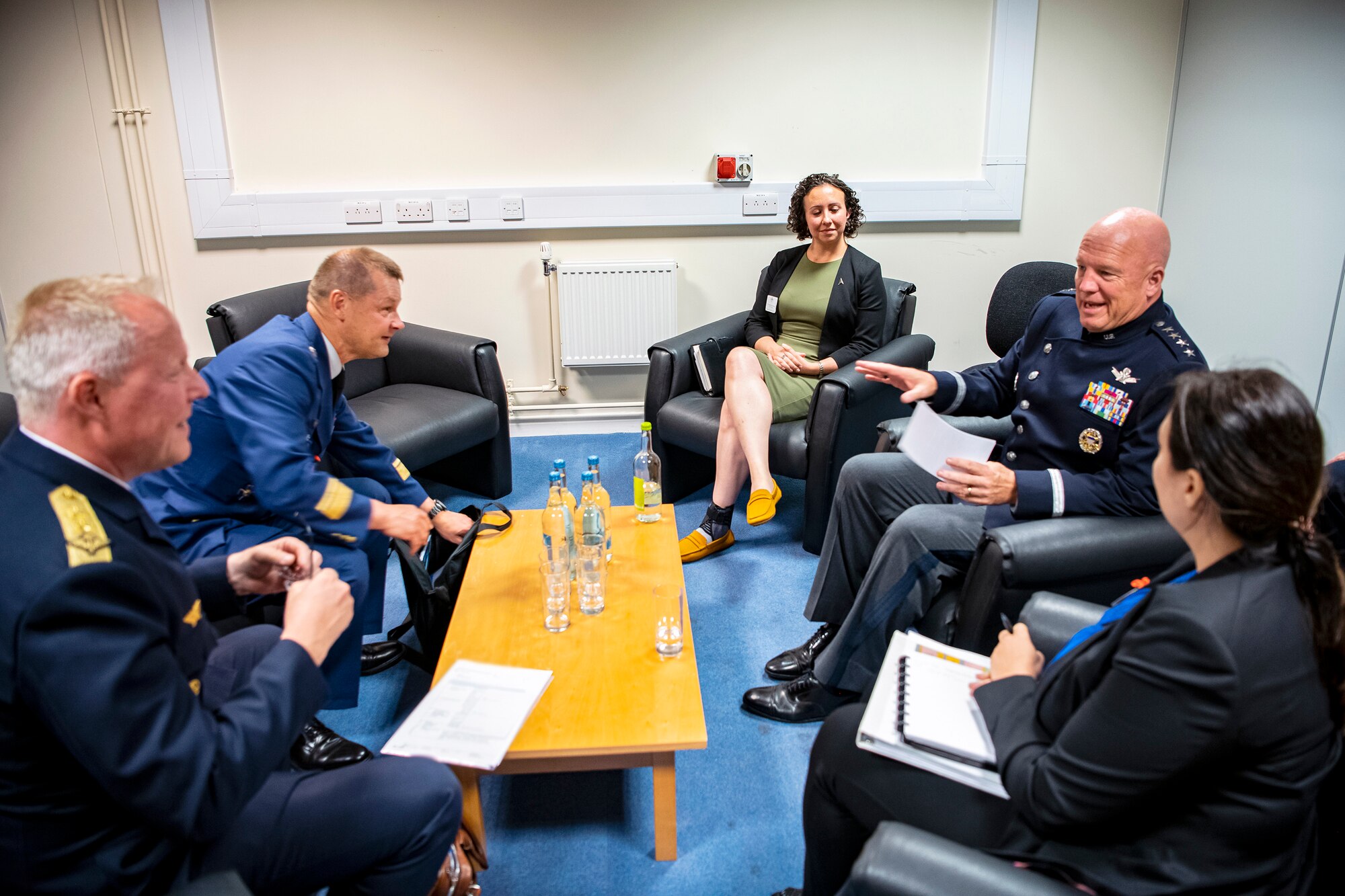 Gen. John W. “Jay” Raymond, left, Chief of Space Operations, meets with Maj. Gen. Juha-Pekka Keränen, Finnish Air Forces Commander and Maj. Gen Carl-Johan Edström, Swedish Air Force Chief of Air Force, during the Royal International Air Tattoo at RAF Fairford, England, July 15, 2022. Raymond attended RIAT to engage in bilateral meetings with other Air and Space Chiefs from other nations and bolster partnerships with our allies. (U.S. Air Force photo by Staff Sgt. Eugene Oliver)