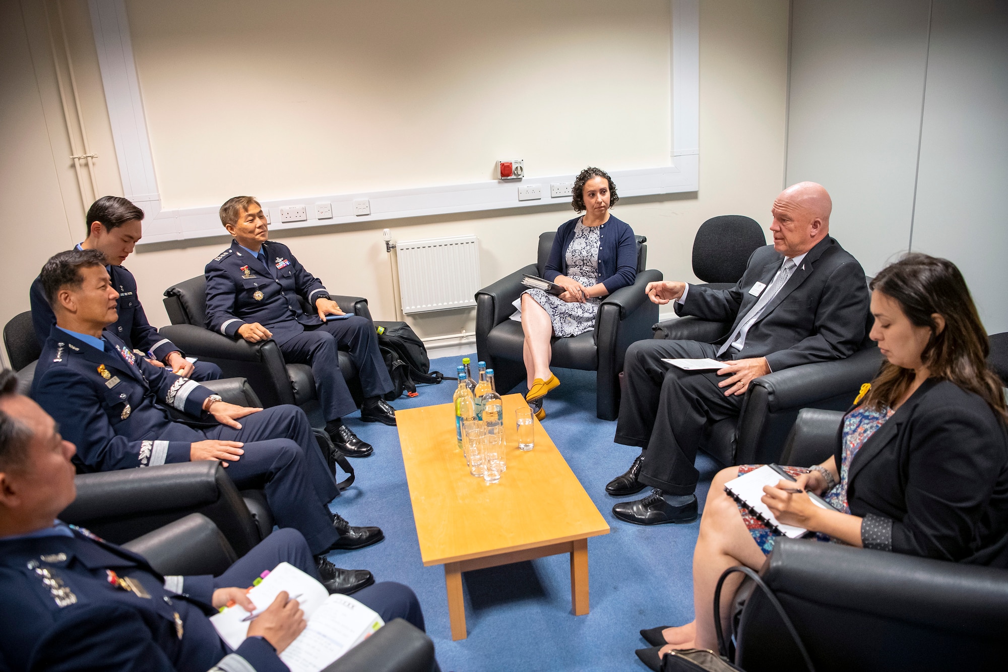 Gen. John W. “Jay” Raymond, right, Chief of Space Operations, meets with Leadership from the Republic of Korea Air Force during the Royal International Air Tattoo at RAF Fairford, England, July 16, 2022. Raymond attended RIAT to engage in bilateral meetings with other Air and Space Chiefs from other nations and bolster partnerships with our allies. (U.S. Air Force photo by Staff Sgt. Eugene Oliver)