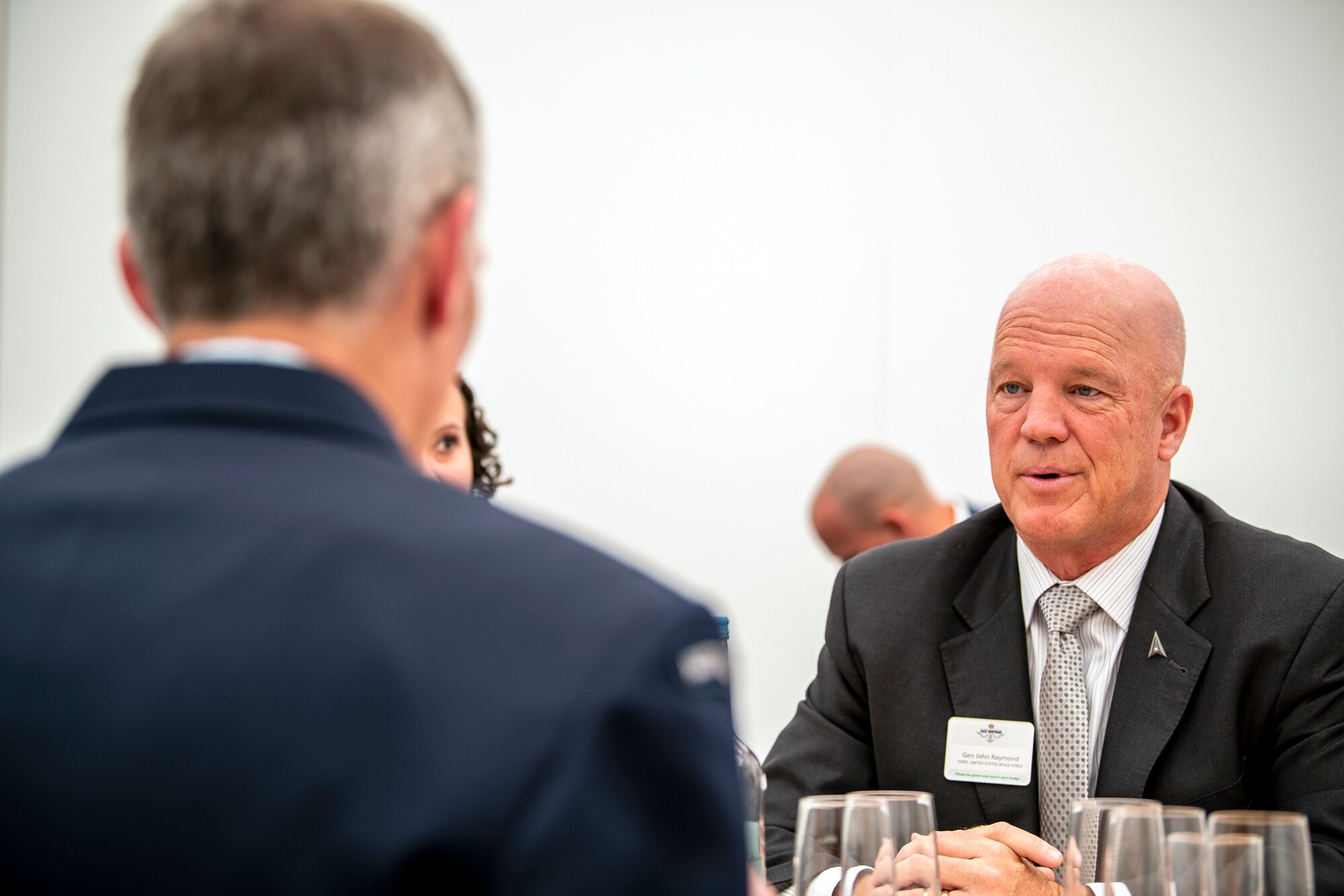 Gen. John W. “Jay” Raymond, right, Chief of Space Operations, meets with Air Marshall Robert Chipman, left, Royal Australian Air Force Chief of Air Force, during the Royal International Air Tattoo at RAF Fairford, England, July 16, 2022. Raymond attended RIAT to engage in bilateral meetings with other Air and Space Chiefs from other nations and bolster partnerships with our allies. (U.S. Air Force photo by Staff Sgt. Eugene Oliver)