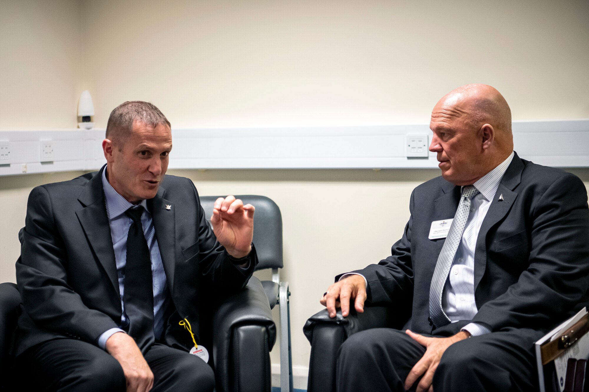 Gen. John W. “Jay” Raymond, right, Chief of Space Operations meets with Maj. Gen. Tomer Bar, Israeli Air Force commander, during the Royal International Air Tattoo at RAF Fairford, England, July 16, 2022. Raymond attended RIAT to engage in bilateral meetings with other Air and Space Chiefs from other nations and bolster partnerships with our allies. (U.S. Air Force photo by Staff Sgt. Eugene Oliver)