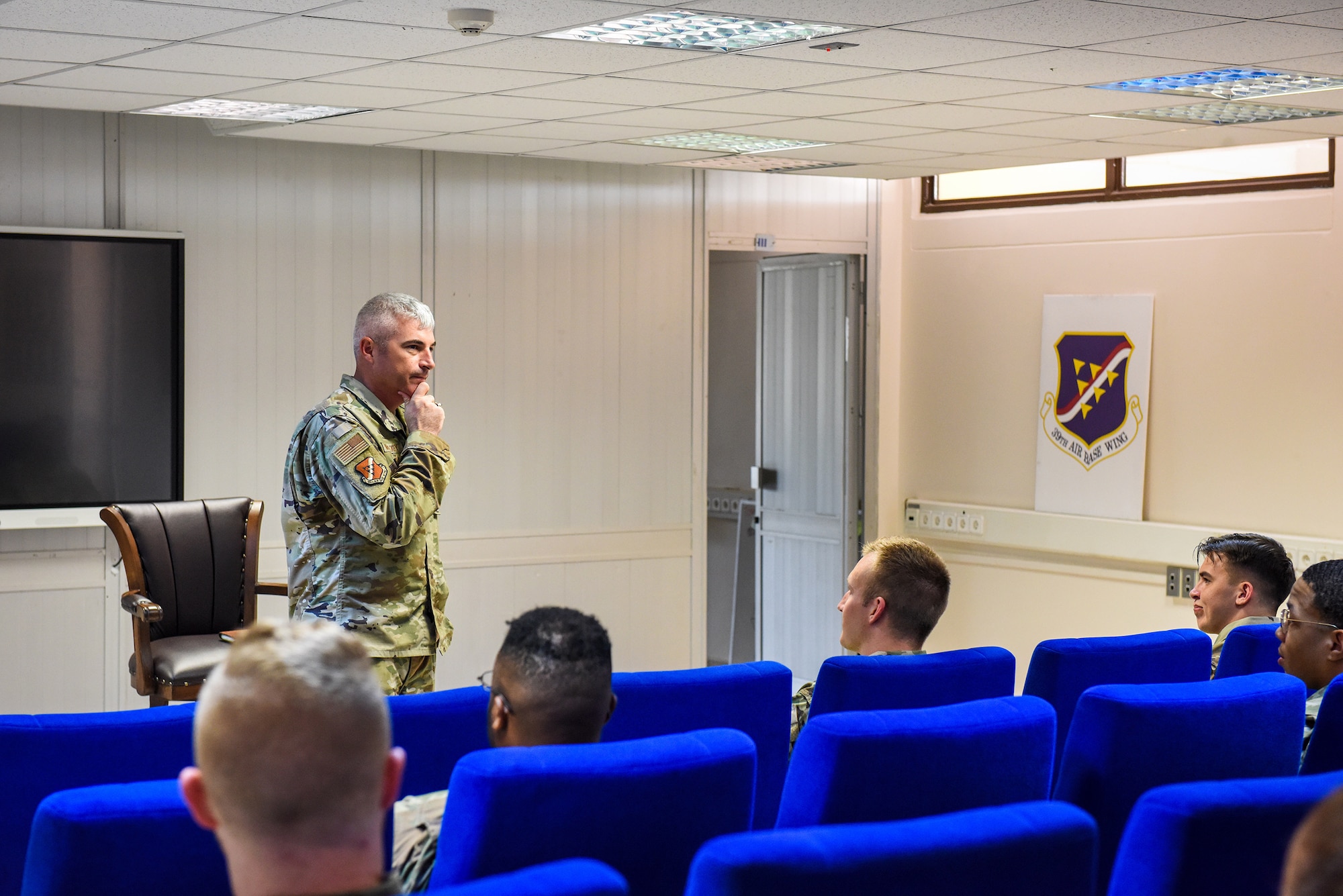 Col. Kevin McCaskey, 39th Air Base Wing (ABW) vice commander, gives a lecture to Airmen of the 39th ABW attending Airman Leadership School (ALS) Class 22-F in the ALS classroom at Incirlik Air Base, Turkey, Aug. 8, 2022.