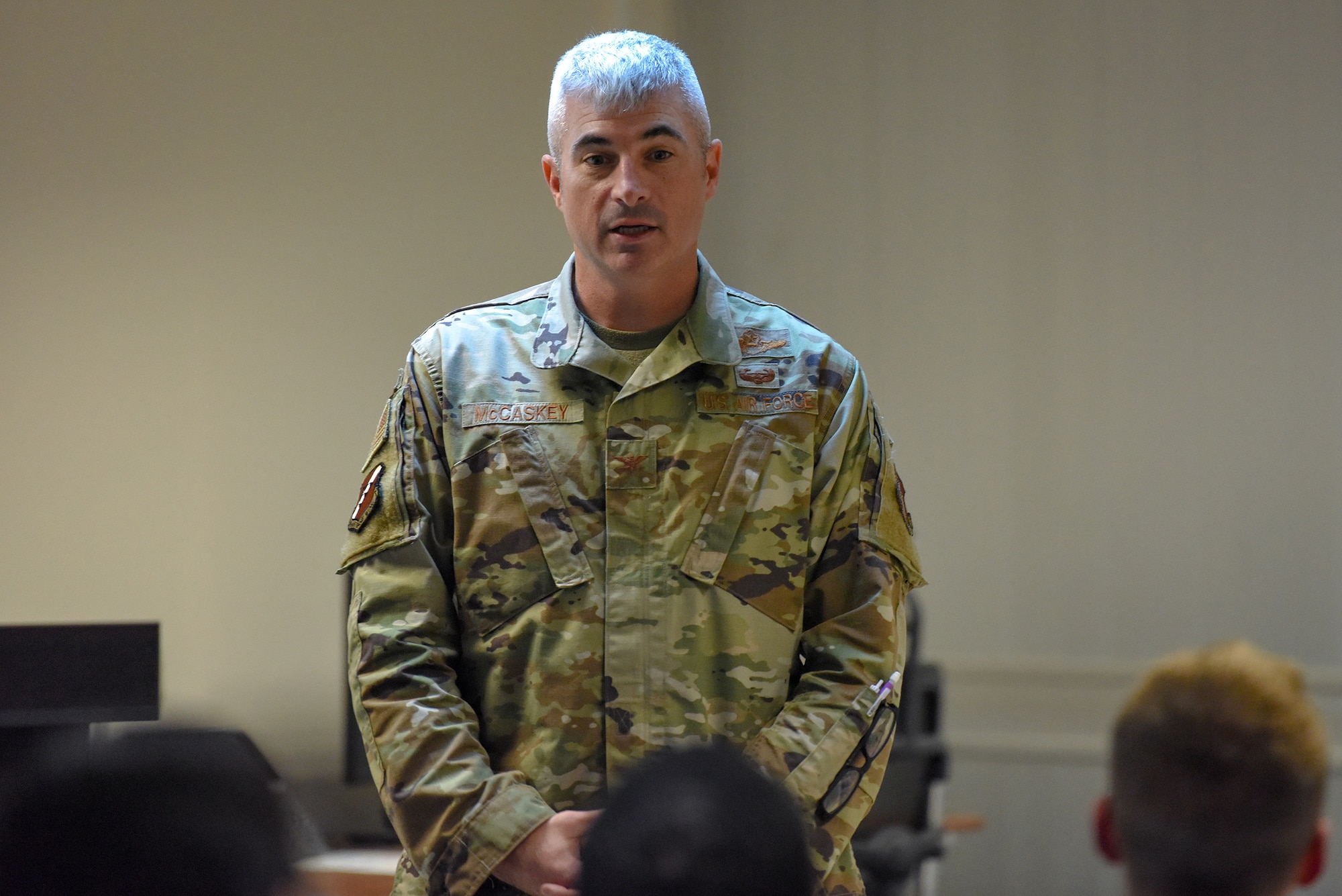 Col. Kevin McCaskey, 39th Air Base Wing (ABW) vice commander, gives a lecture to Airmen of the 39th ABW attending Airman Leadership School (ALS) Class 22-F at Incirlik Air Base, Turkey, Aug. 8, 2022.