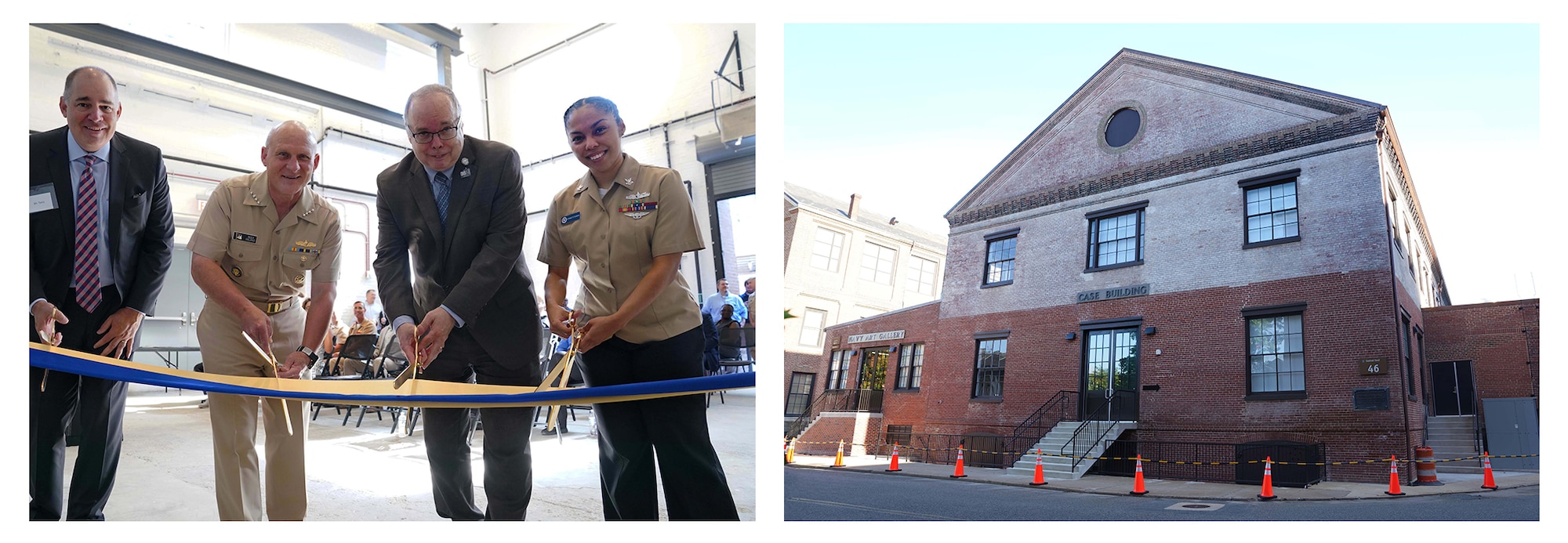 Four people cut a ribbon inside of a building. Another image of the exterior of a two-story building is alongside.