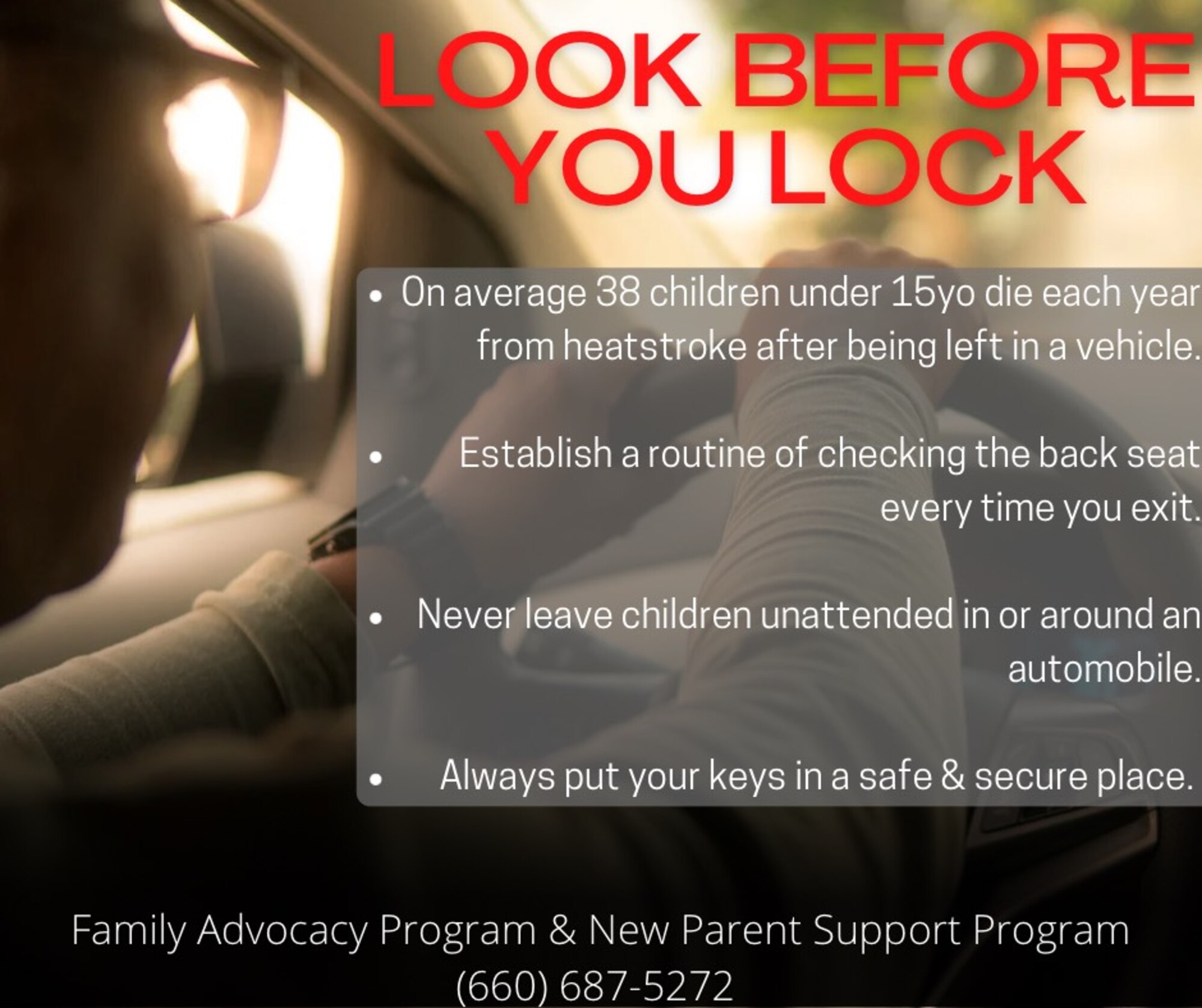 A graphic about looking in the back seat before locking the car.