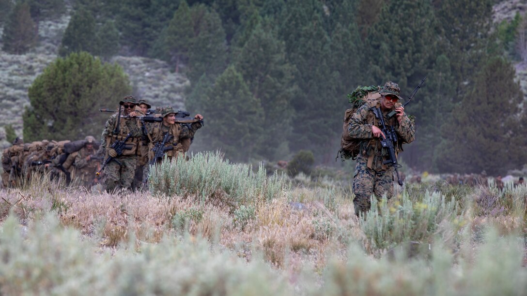 U.S. Marines with 1st Battalion, 24th Marine Regiment, 4th Marine Division, Marine Forces Reserve, hike back after finishing the final exercise for Mountain Training Exercise 4-22 at Marine Corps Mountain Warfare Training Center, Bridgeport, Calif., July 28, 2022. MTX 4-22 offers a unique training experience for reserve Marines to prepare and develop an understanding of traversing a mountainous environment as they maintain their readiness. (U.S. Marine Corps photo by Cpl. Jonathan L. Gonzalez)