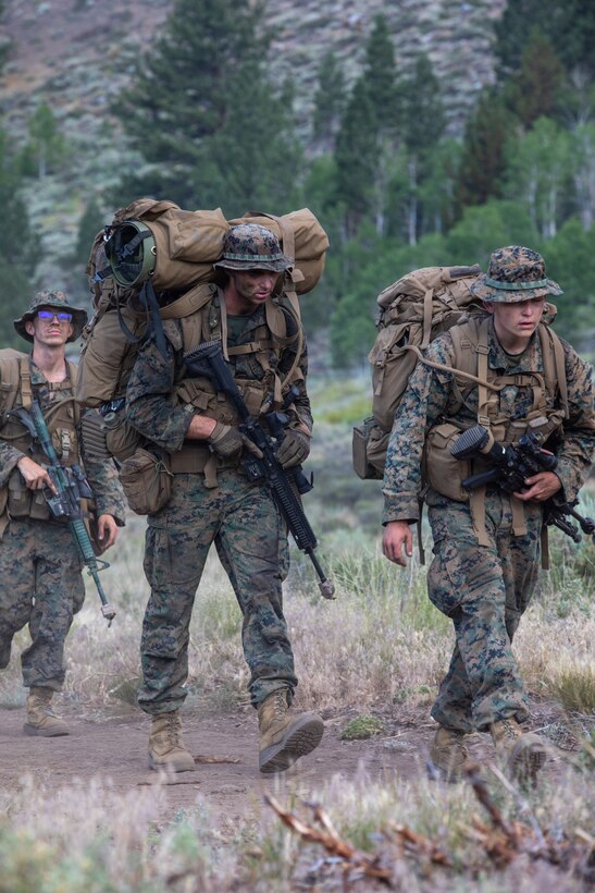 U.S. Marines with 1st Battalion, 24th Marine Regiment, 4th Marine Division, Marine Forces Reserve, hike back to lower base camp after finishing Mountain Training Exercise 4-22 at Marine Corps Mountain Warfare Training Center, Bridgeport, Calif., July 28, 2022. MTX 4-22 offers a unique training experience for reserve Marines to prepare and develop an understanding of traversing a mountainous environment as they maintain their readiness. (U.S. Marine Corps photo by Cpl. Jonathan L. Gonzalez)