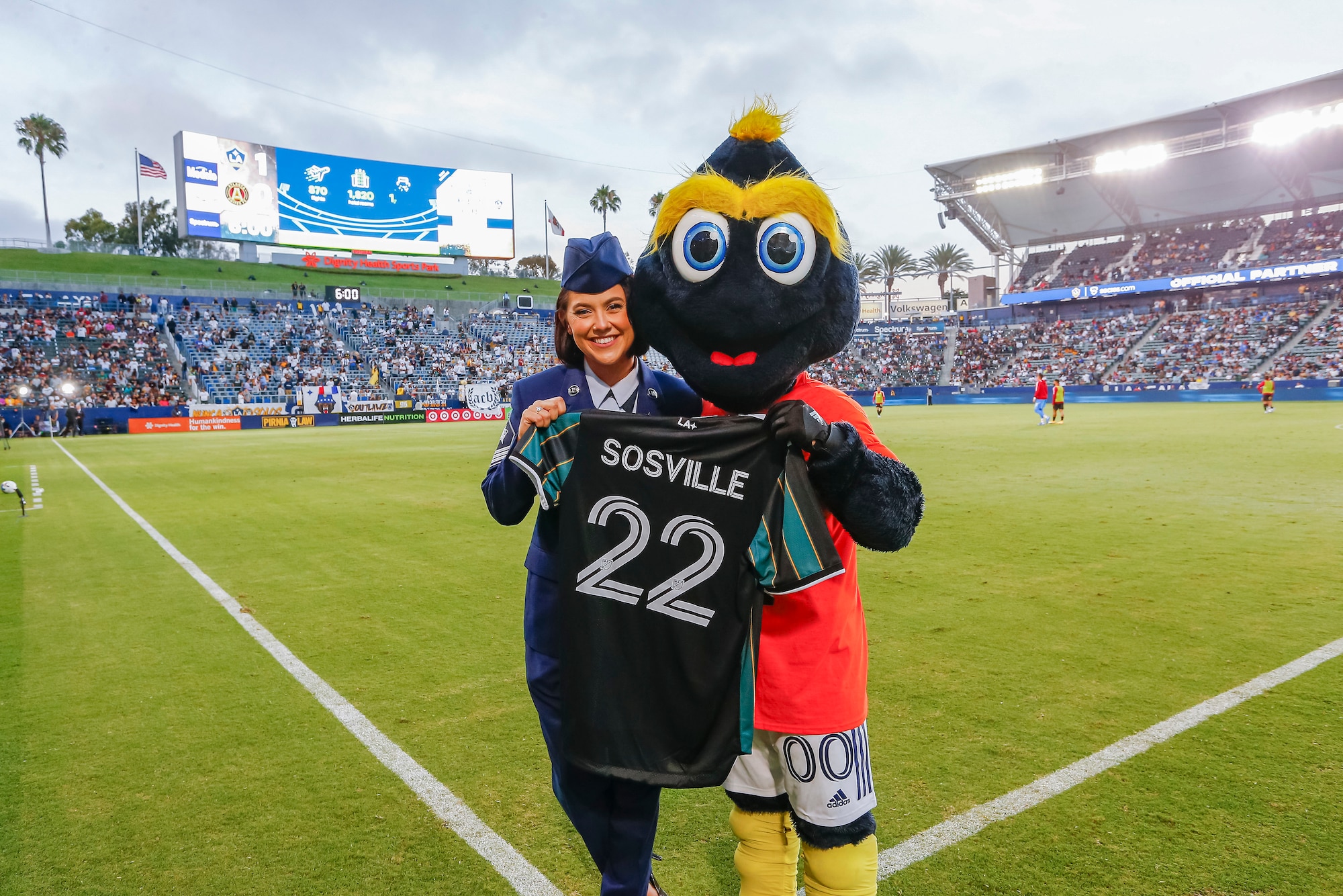 It was a surreal experience for U.S. Space Force (USSF) Guardian Sgt. Michaela Sosville when she entered the field and was recognized as the “Hero of the Game” during the July 24 LA Galaxy major league soccer game against the Atlanta United at Dignity Health Sports Park in Carson, California.