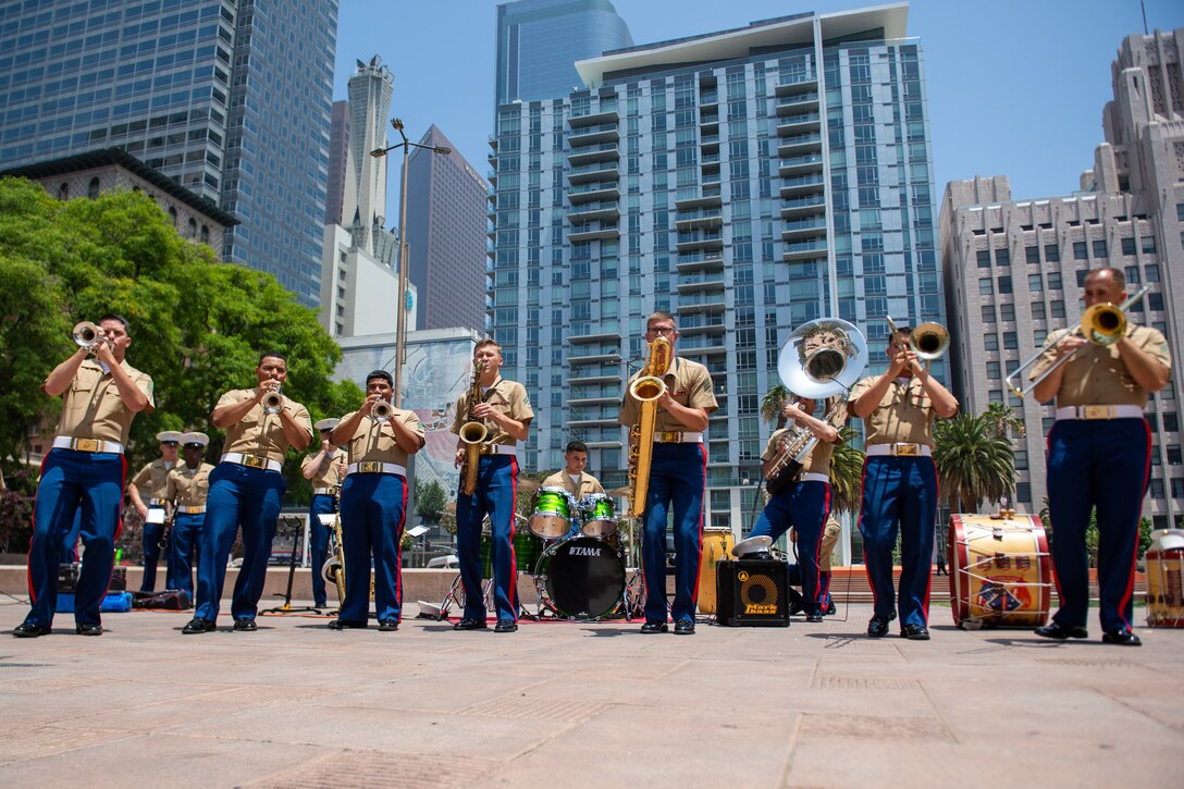 The U.S. Marine Corp band plays at Pershing Square during Los Angeles Fleet Week (LAFW), May 25, 2022. LAFW is an opportunity for the American public to meet their Navy, Marine Corps and Coast Guard teams and experience America's sea services. During fleet week, service members participate in various community service events, showcase capabilities and equipment to the community, and enjoy the hospitality of Los Angeles and its surrounding areas.