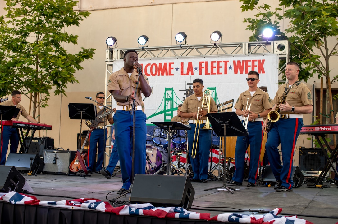 U.S. Marines, assigned to the 1st Marine Division Band, perform for Los Angeles Fleet Week May 26, 2022. LAFW is an opportunity for the American public to meet their Navy, Marine Corps and Coast Guard teams and experience America's sea services. During fleet week, service members participate in various community service events, showcase capabilities and equipment to the community, and enjoy the hospitality of Los Angeles and its surrounding areas.