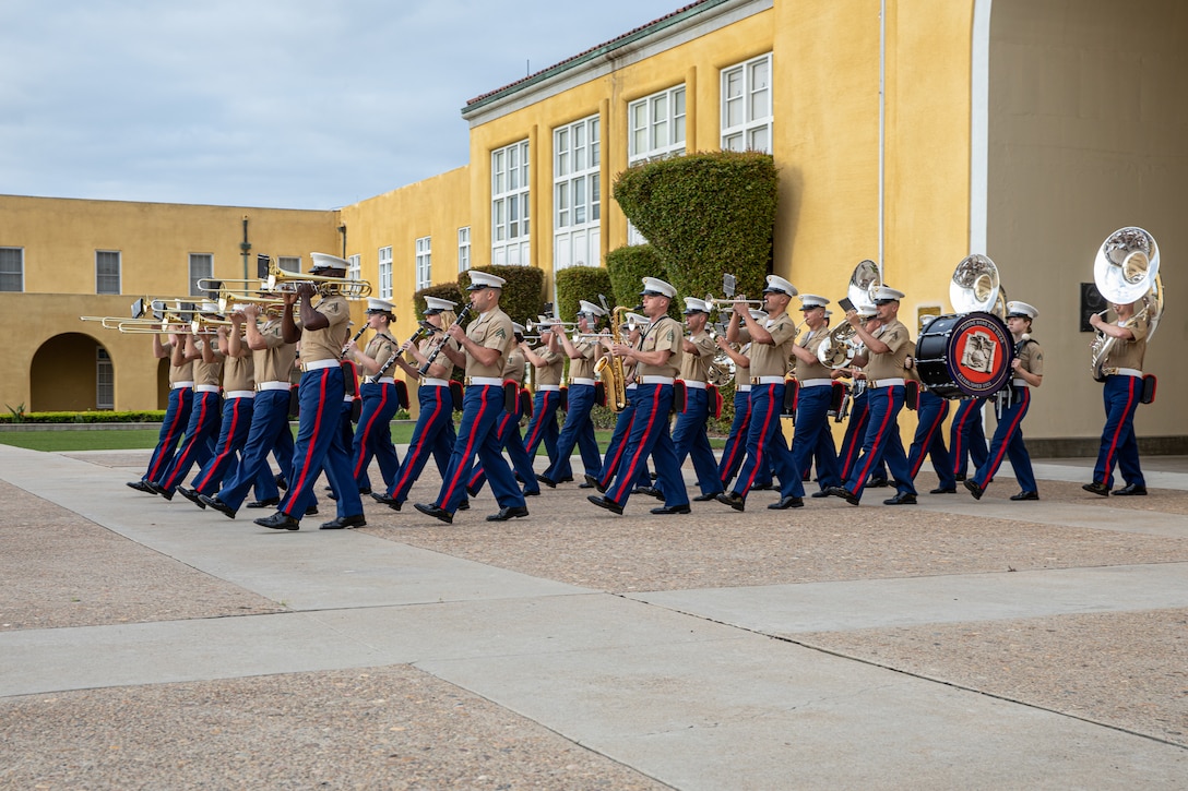 U.S. Marines with Marine Band San Diego perform during the Commanding Generals Morning Colors Ceremony at Marine Corps Recruit Depot San Diego, California, April 1, 2022. Educators spent the morning observing the Commanding Generals Morning Colors Ceremony and India Company’s Graduation.