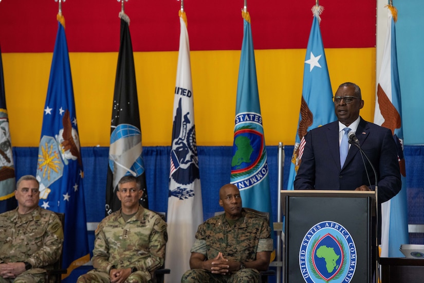 Secretary of Defense Lloyd J. Austin III delivers remarks.