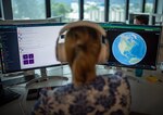Woman looking at computer screens while holding mouse