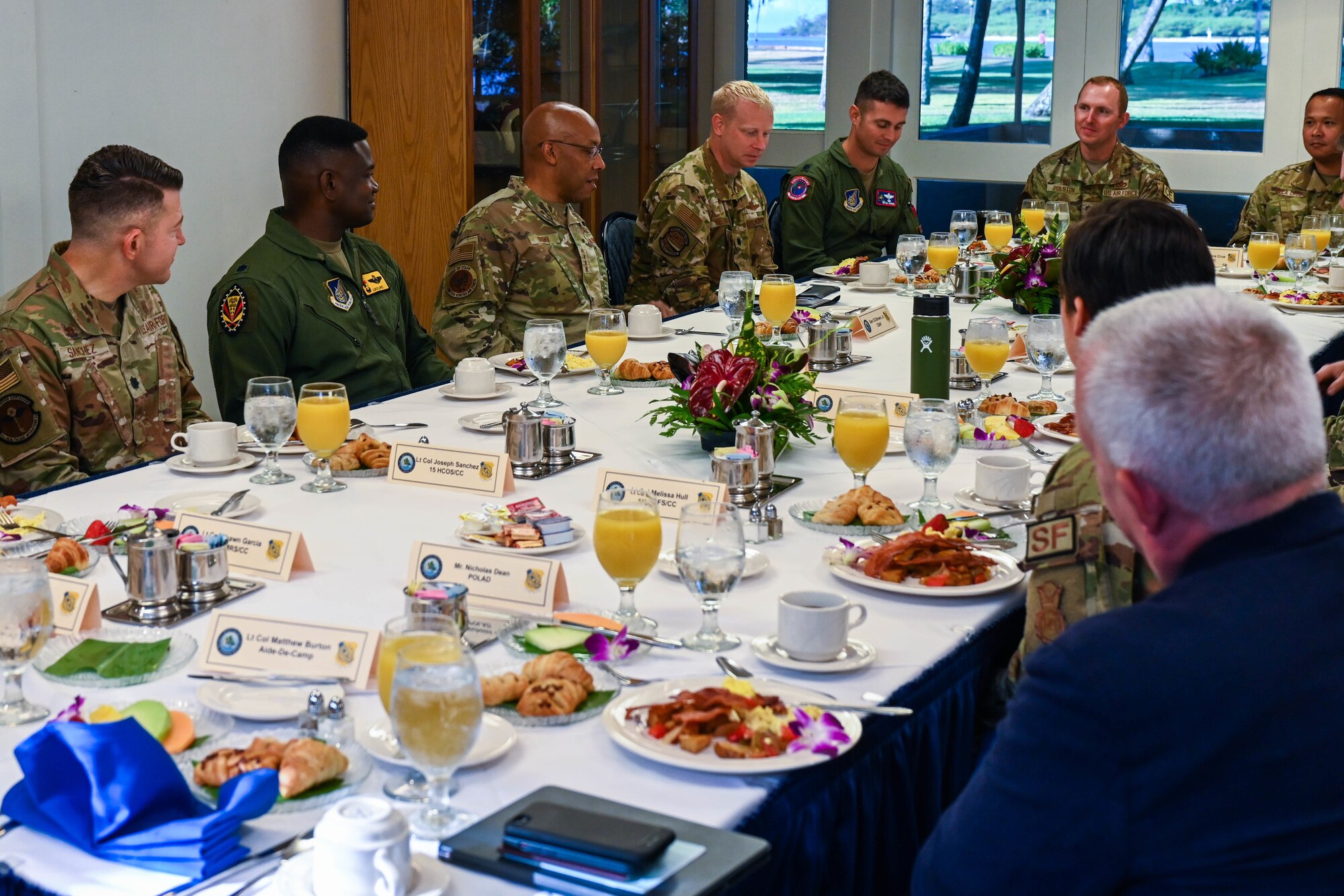 Air Force Chief of Staff Gen. CQ Brown, Jr., speaks with squadron commanders from the 15th Wing and other Air Force tenant units in the Daedalian Room at Joint Base Pearl Harbor-Hickam, Hawaii, Aug. 5, 2022. During his visit, Brown learned about the 15th Wing’s mission and how it operates with regional partners to advance mission capabilities in the Indo-Pacific region. (U.S. Air Force photo by Senior Airman Makensie Cooper)