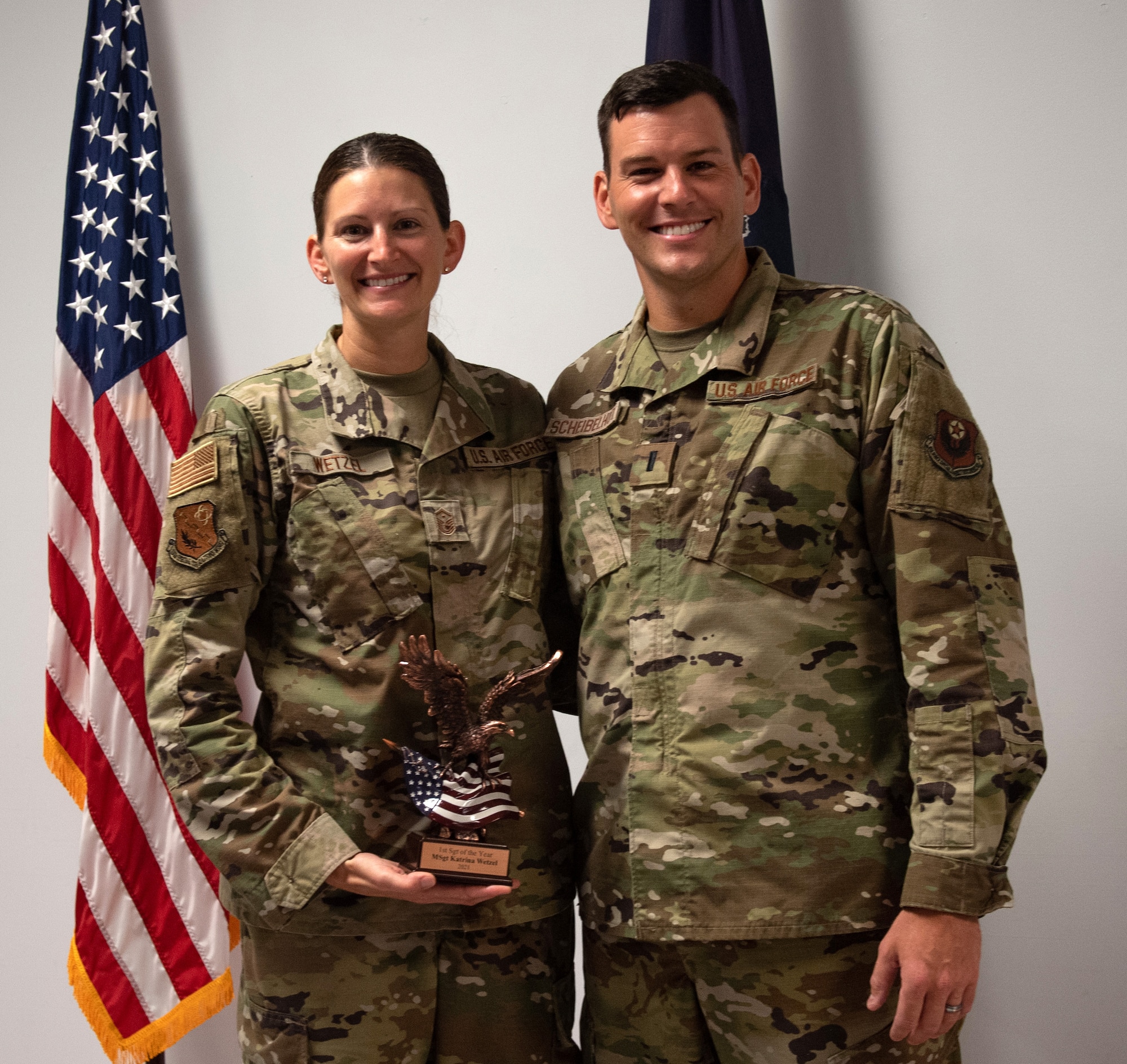 U.S. Air Force Master Sgt. Katrina Wetzel is celebrated as one of five Outstanding Airmen of the Year with the support of her brother, 1st Lt. Jeremy Scheibelhut, at the 193rd Special Operations Wing (SOW) August 6, 2022, in Middletown, Pennsylvania.