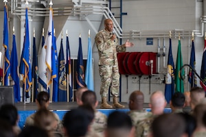 Air Force Chief of Staff Gen. CQ Brown, Jr., speaks with Airmen at an all-call during a base visit at Joint Base Pearl Harbor-Hickam, Hawaii, Aug. 5, 2022. Brown discussed the importance of strengthening relationships with allies and partners to ensure a free and open Indo-Pacific region. (U.S. Air Force photo by Staff Sgt. Alan Ricker)