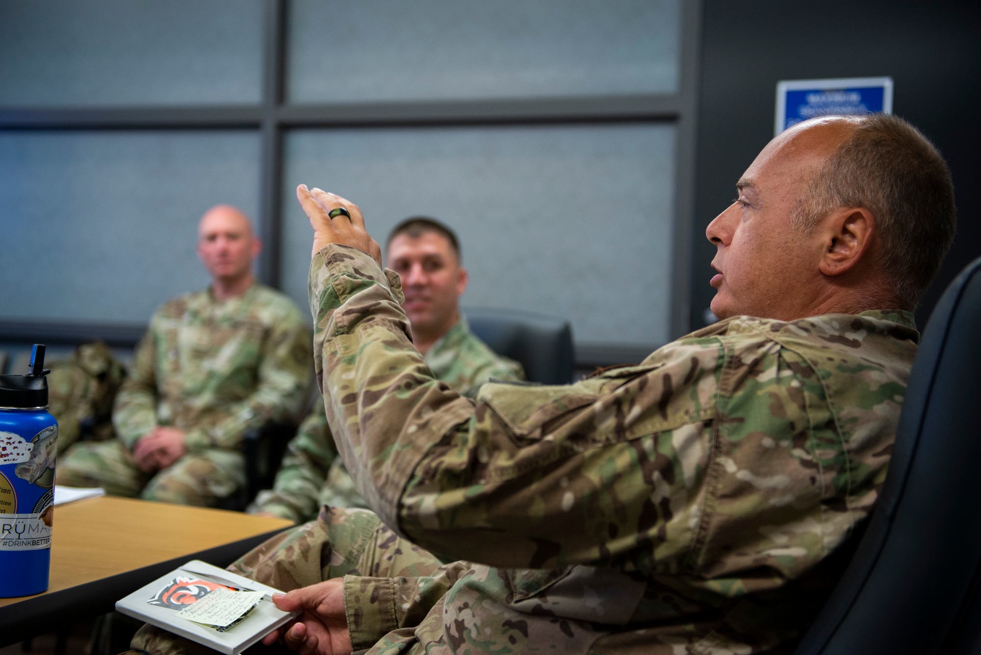 Chief Master Sgt. William Schipper, then Space, Missiles and Forces Intelligence Group senior enlisted leader, offers his perspectives to the noncommissioned officers participating in the National Air and Space Intelligence Center SEL Top-Off on July 7, 2022, at Wright-Patterson Air Force Base, Ohio. The course is geared toward Airmen within NASIC, with tailored content and instructors sourced directly from the Center. (U.S. Air Force photo by Staff Sgt. Samuel Earick)