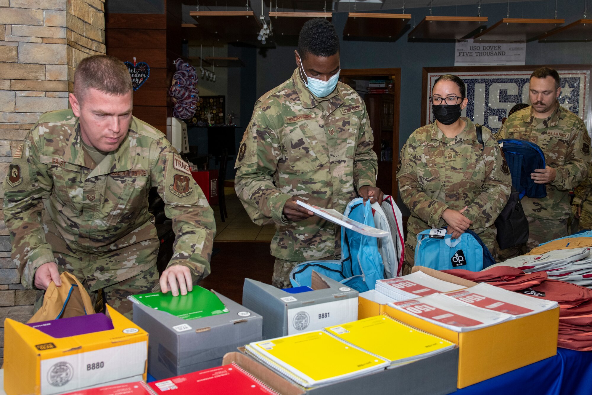 The 512th Military and Family Readiness Center hosted the Back-to-School Brigade at the USO Community Center, Dover Air Force Base, Del., Aug. 7, 2022. Reserve Citizen Airmen received donated backpacks and supplies for their families' upcoming school year.