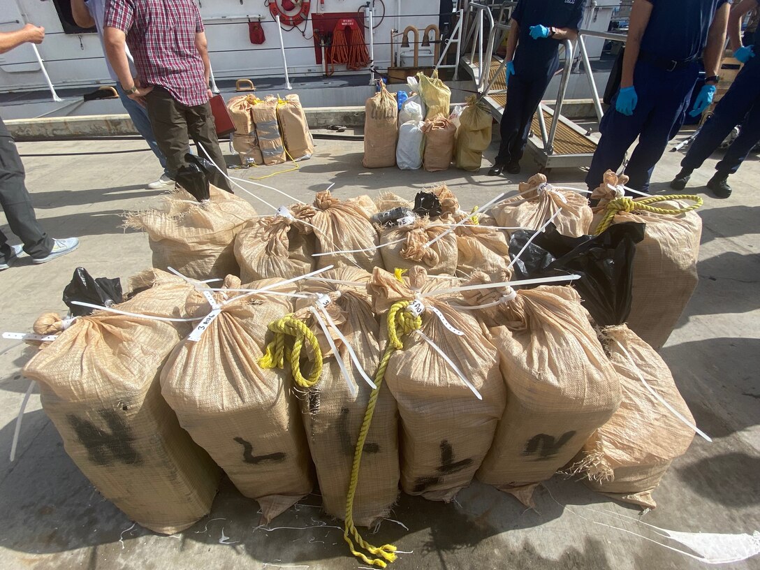 Coast Guard Cutter Joseph Tezanos crewmembers offloaded 1,100 kilograms of cocaine, valued at $22 million dollars, at Coast Guard Base San Juan Aug. 8, 2022, following three separate interdictions of drug smuggling vessels near Puerto Rico.