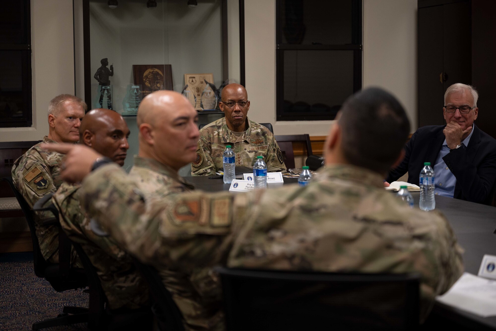 U.S. Air Force Chief of Staff Gen. CQ Brown, Jr. talks with 36th Security Forces Squadron Airmen about training opportunities provided to 36 SFS personnel at Andersen Air Force Base, Guam, Aug. 7, 2022.