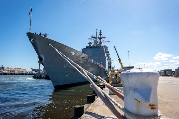 The Ticonderoga-class guided-missile cruiser USS Leyte Gulf (CG 55) prepares to depart Naval Station Norfolk, Aug. 8. Leyte Gulf, assigned to the George H.W. Bush Carrier Strike Group, departed Naval Station Norfolk on a scheduled deployment in support of naval operations to maintain maritime stability and security in order to ensure access, deter aggression and defend U.S., allied and partner interests.