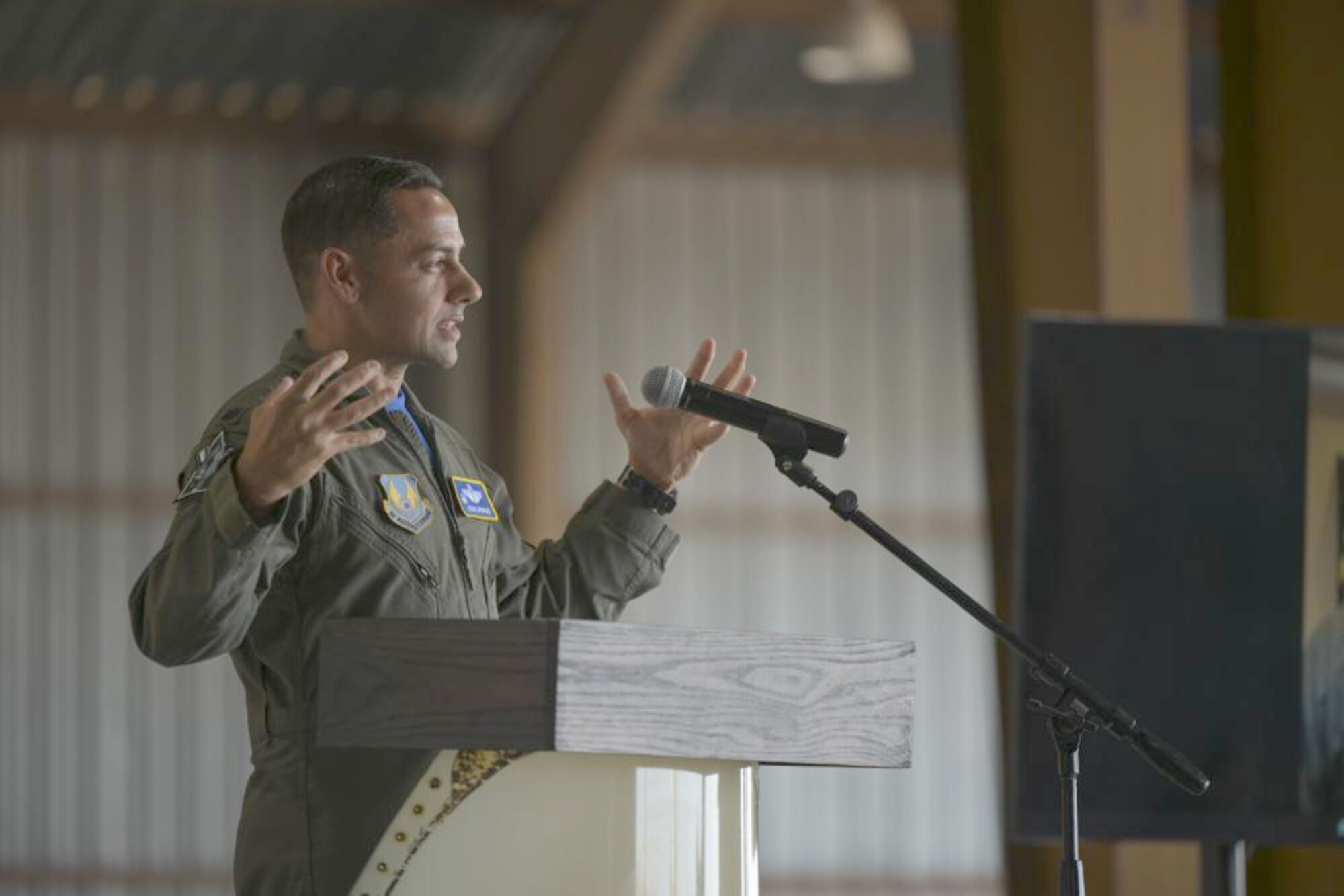 Lt. Col. Sean Siddiqui, 586th Flight Test Squadron commander, provides remarks during a change of command ceremony on Holloman Air Force Base, New Mexico, July 15, 2022. (U.S. Air Force photo by Airman 1st Class Antonio Salfran)