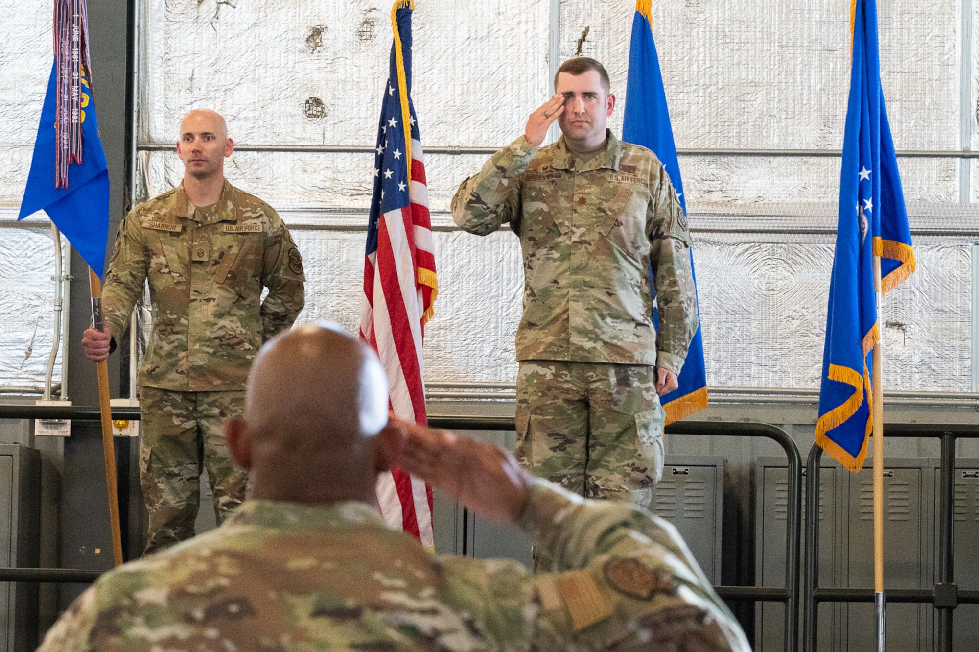 Maj. James Greenwood, 436th Logistics Readiness Squadron commander, accepts his first salute at Dover Air Force Base, Delaware, June 6, 2022. The ceremony saw Greenwood take command of the squadron which was redesignated under the newly activated 436th Mission Generation Group. (U.S. Air Force photo by Mauricio Campino)