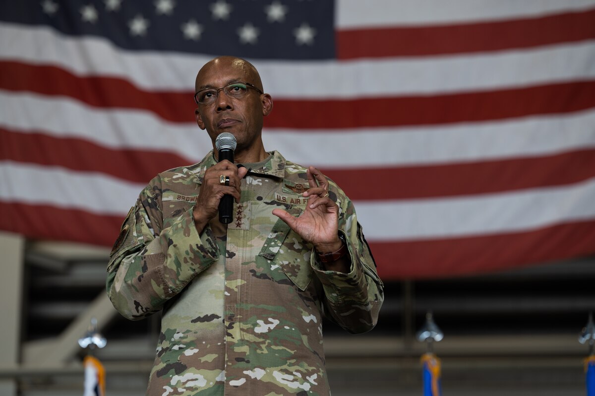 Air Force Chief of Staff Gen. CQ Brown, Jr., speaks with Airmen at an all-call during a base visit at Joint Base Pearl Harbor-Hickam, Hawaii, Aug. 5, 2022. During the all-call, Brown discussed developing the Air Force into a service that can more quickly adapt to ever-changing challenges through innovation within the workforce. (U.S. Air Force photo by Staff Sgt. Alan Ricker)