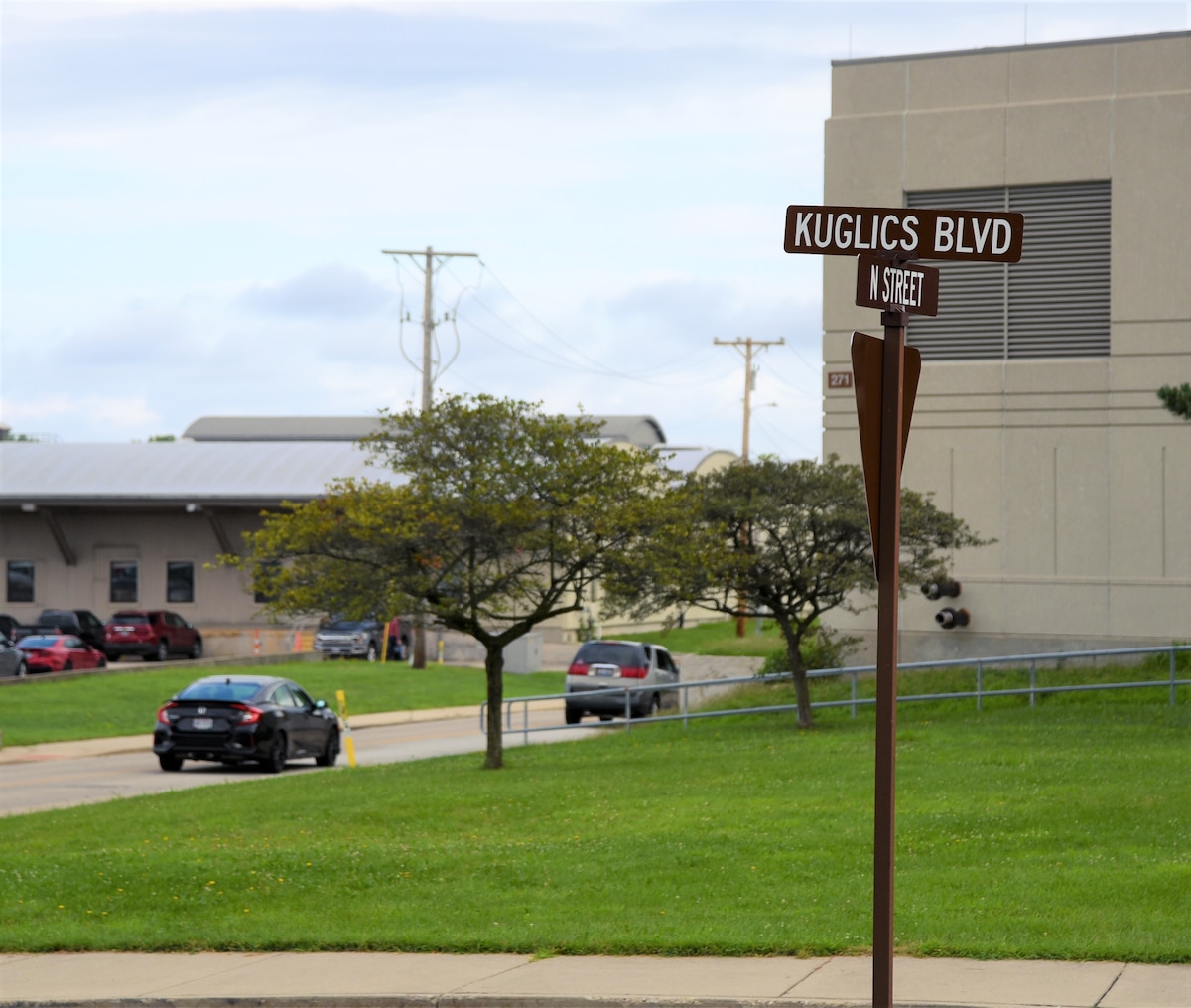 Kuglics Boulevard on Area A at Wright-Patterson Air Force Base, Ohio, is named for Special Agent Matthew Kuglics. The road runs from the 88th Security Forces Squadron building to Air Force Materiel Command headquarters. (U.S. Air Force photo by Matthew Clouse)