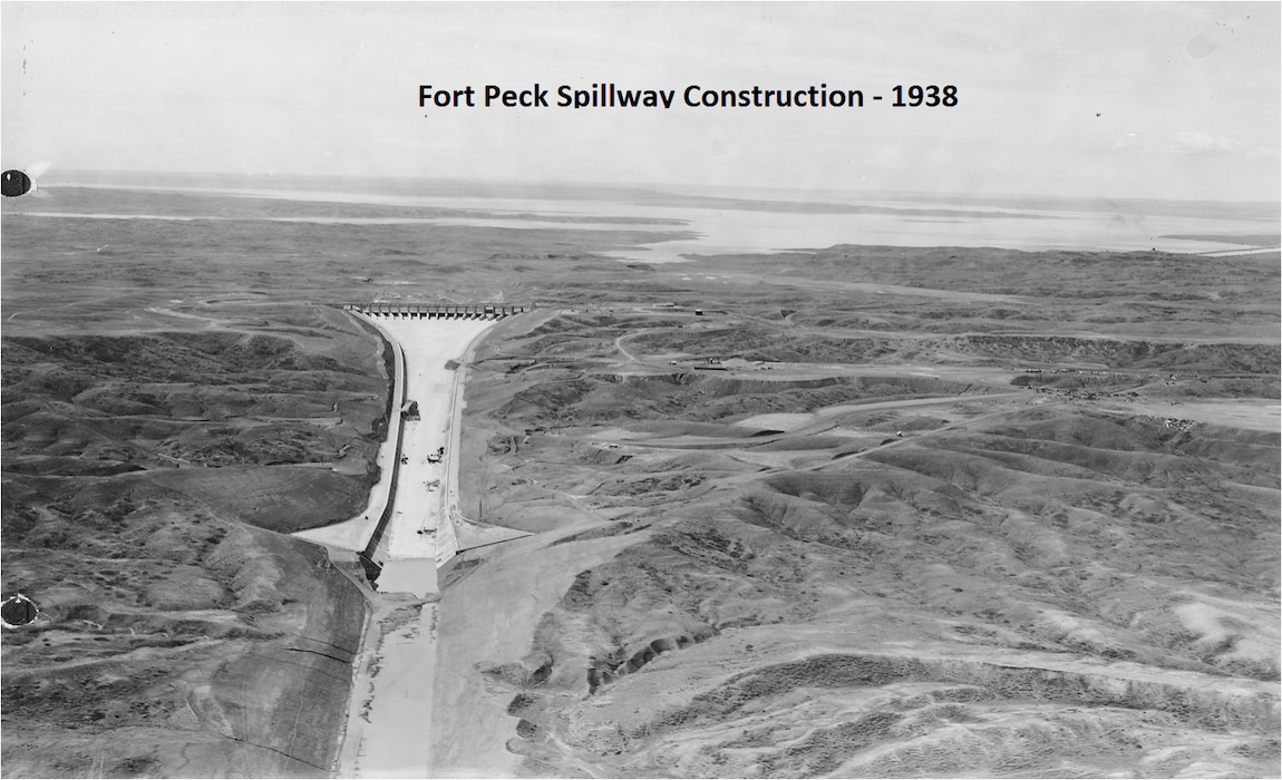 a photo of the concrete spillway being constructed at Fort Peck Dam