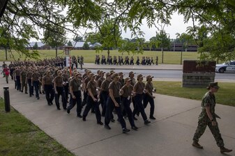 220705-N-ZW825-0178 GREAT LAKES, Ill. (July 5, 2022) Naval Reserve Officers Training Corps (NROTC) New Student Indoctrination (NSI) midshipman candidates march in ranks at Recruit Training Command (RTC), July 5. Upon completion of NSI, the candidates will start their freshman year of the NROTC program at colleges and universities nationwide this fall. NSI is an indoctrination program hosted at RTC, and provides midshipmen with a common military training orientation. NSI provides basic training in five warfighting fundamentals – firefighting, damage control, seamanship, watchstanding and small arms handling and marksmanship – to begin creating basically trained and smartly disciplined future Navy and Marine Corps officers. NROTC is overseen by Commander, Naval Service Training Command (NSTC), Rear Adm. Jennifer S. Couture, which supports naval accessions training for 98 percent of the Navy’s new officers and enlisted Sailors. (U.S. Navy photo by Chief Mass Communication Specialist Byron C. Linder)